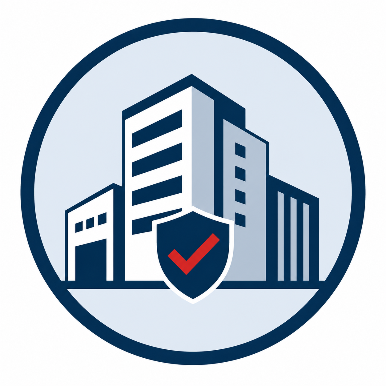 Illustration of a cityscape with tall buildings, featuring a shield emblem with a red check mark in front, signifying protection or security.