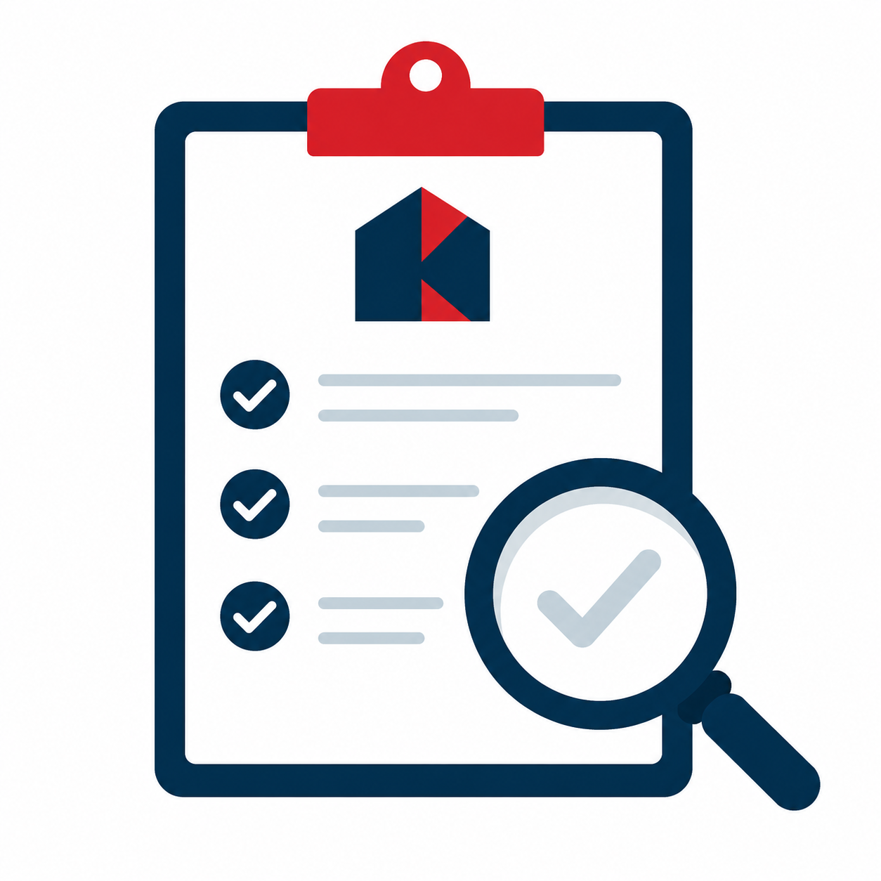 An illustration of a clipboard with a checklist and a magnifying glass, featuring a house icon at the top.