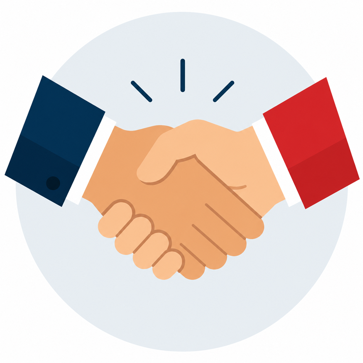 Illustration of a handshake between two people, one wearing a dark blue sleeve and the other wearing a red sleeve.