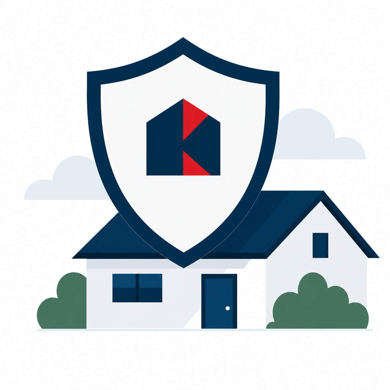 Illustration of a house with a shield overlay, featuring a house icon in the center, symbolizing home security.