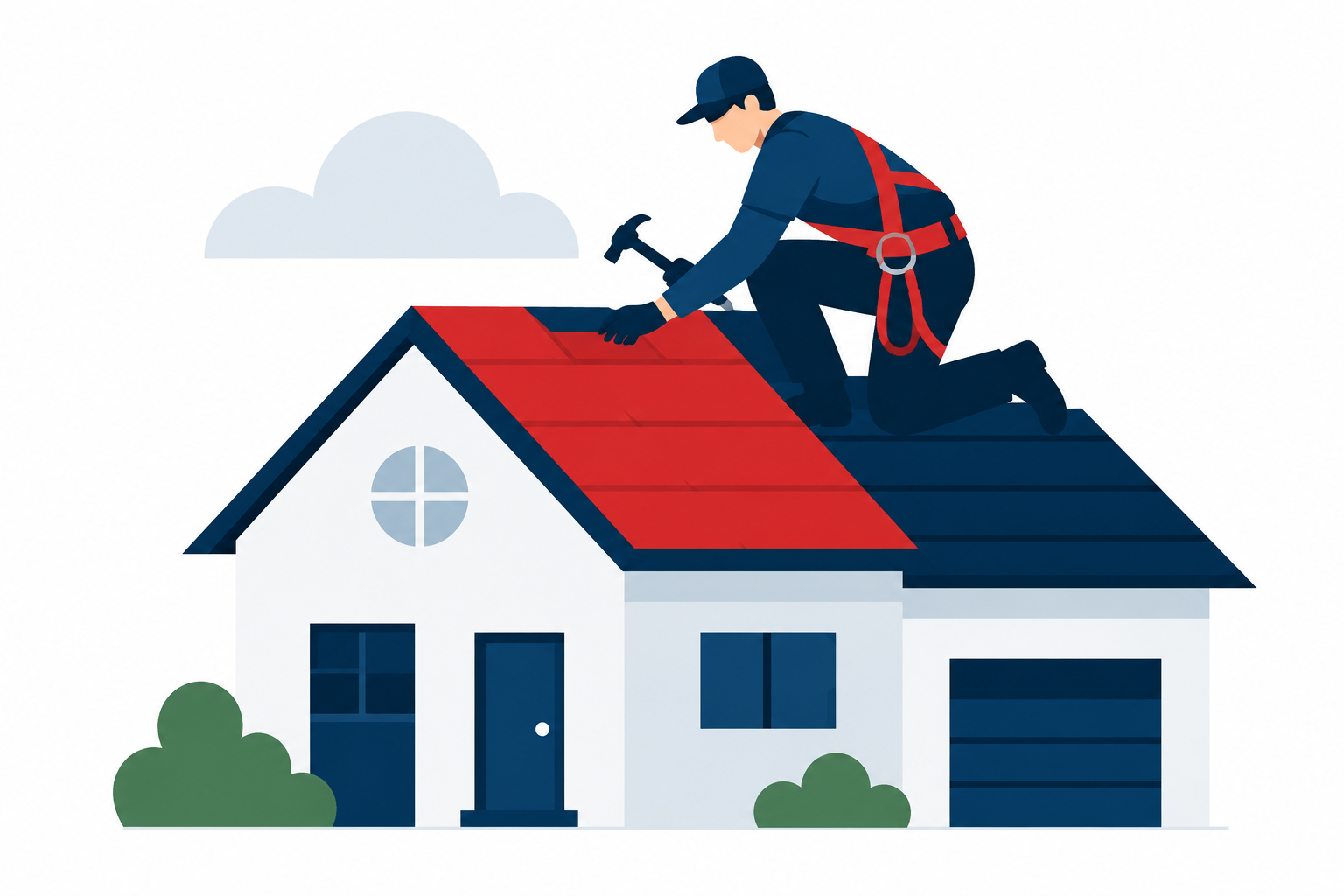 A worker in safety gear kneeling on a roof with a hammer, installing or repairing roof shingles on a modern house with a red and dark blue roof, bushes and a cloudy sky in the background.