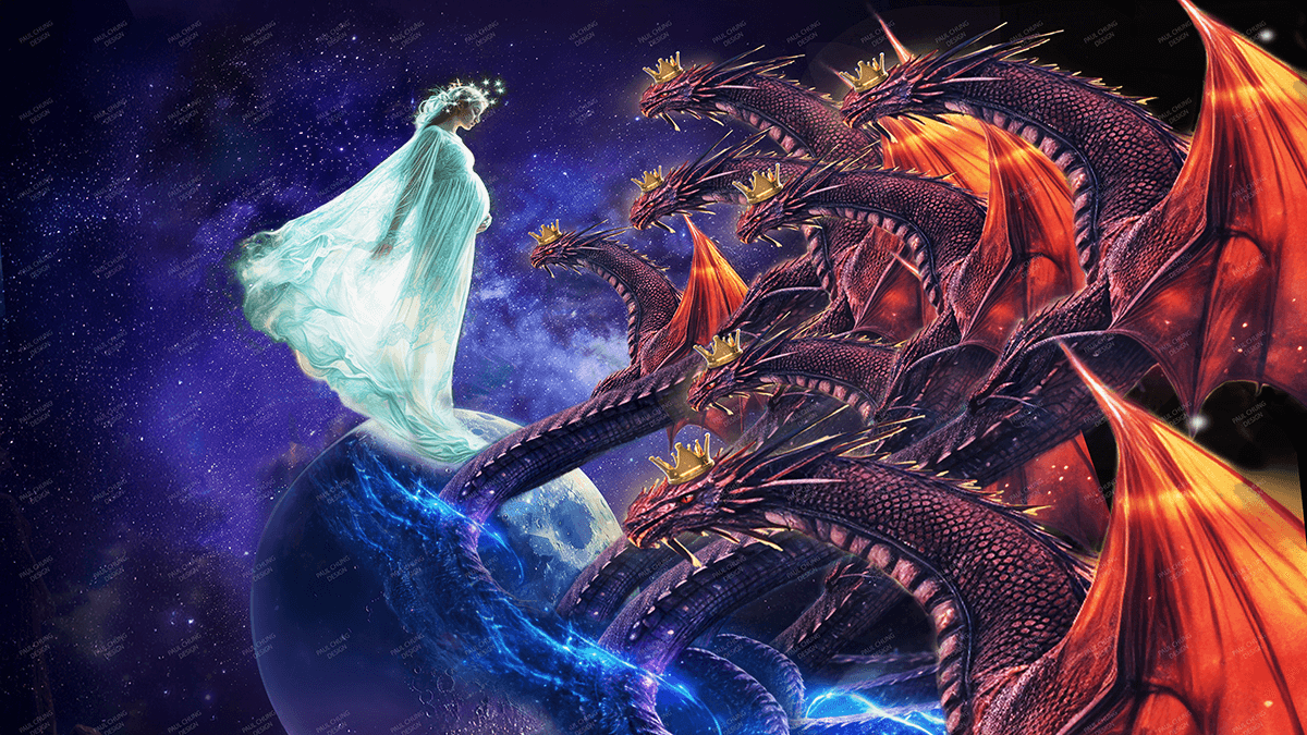 A fantasy scene with a celestial goddess-like figure in white robes facing multiple red dragons with orange wings, all wearing gold crowns, above Earth and space background.