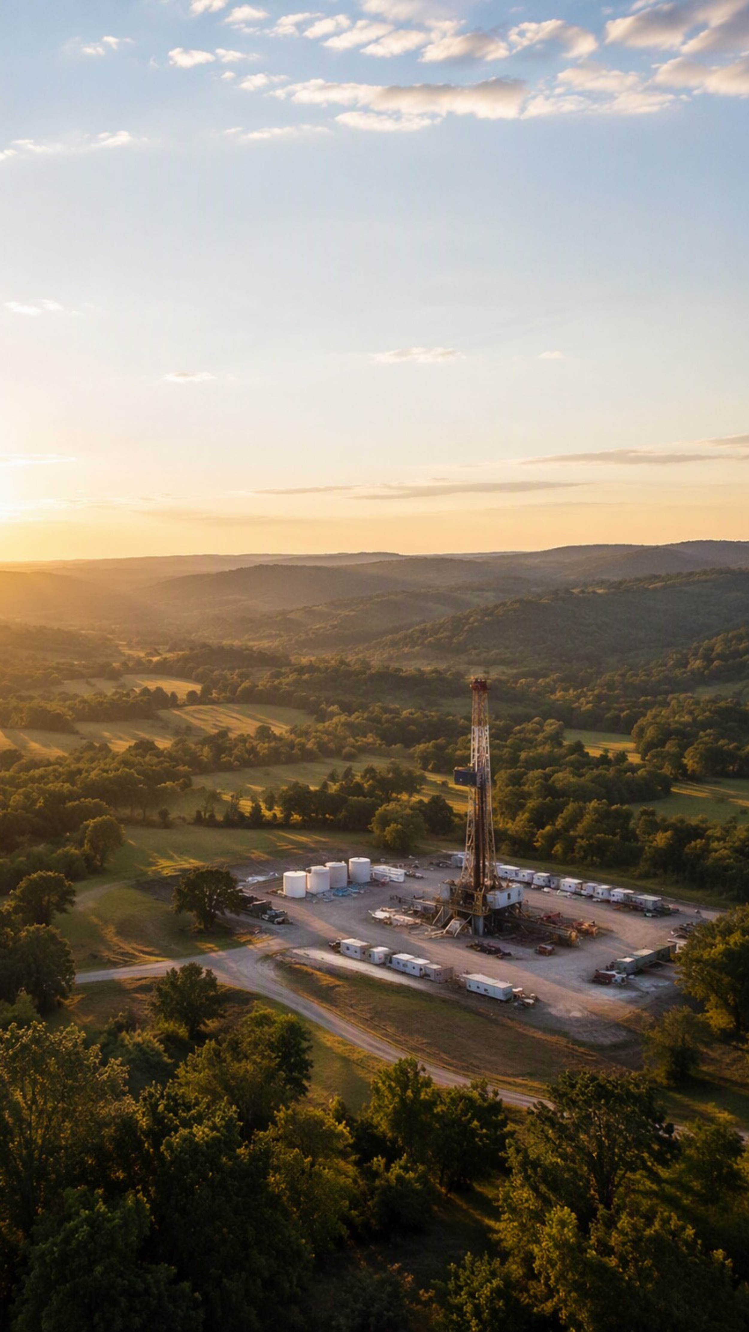 A landscape view of rolling hills under a partly cloudy sky at sunset. In the foreground, there is an oil drilling rig surrounded by trailers and equipment, with a dense green forest nearby.