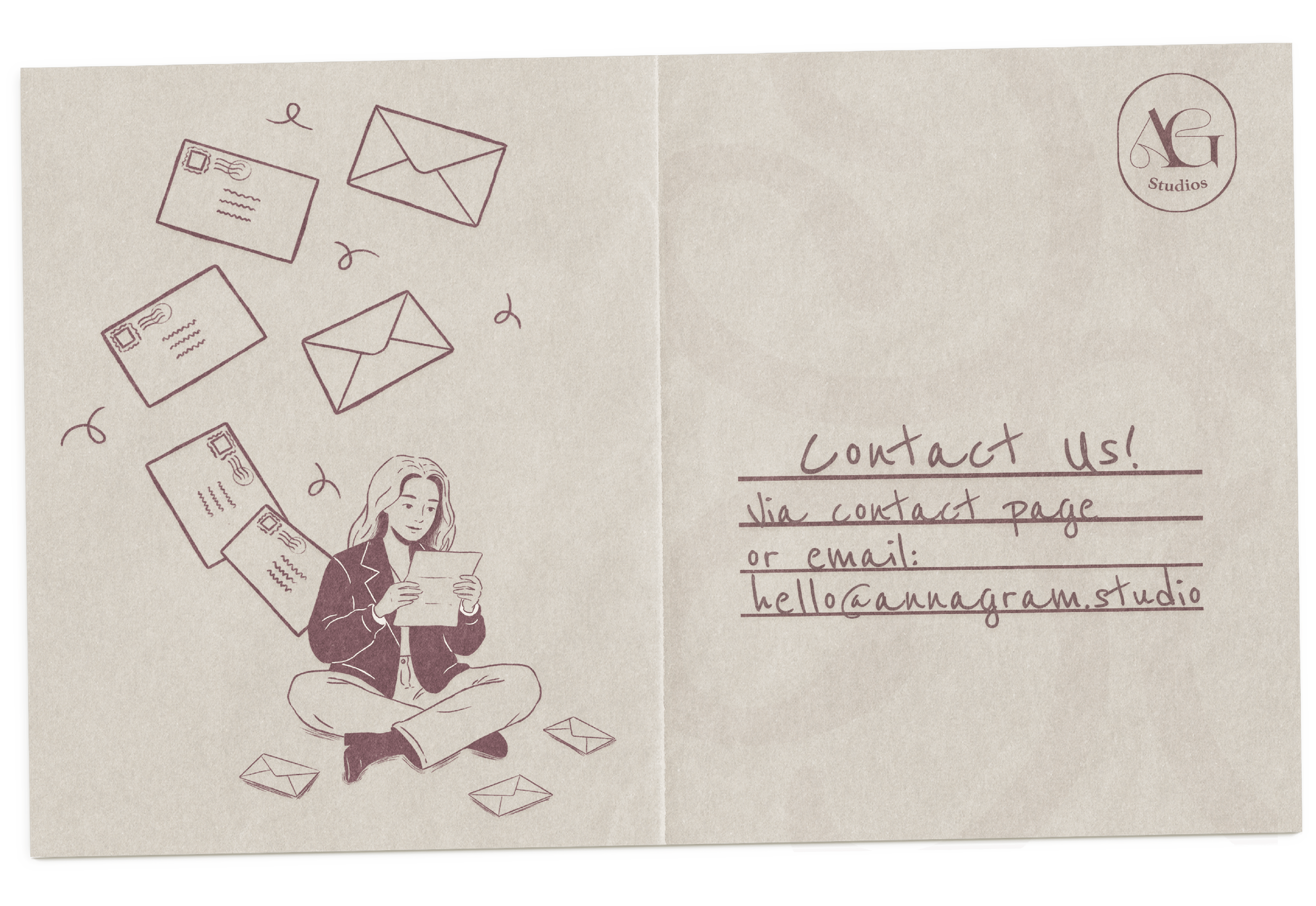 A letter with letters, envelopes, and an illustration of a woman reading a letter. The right side has handwritten contact information for a studio.