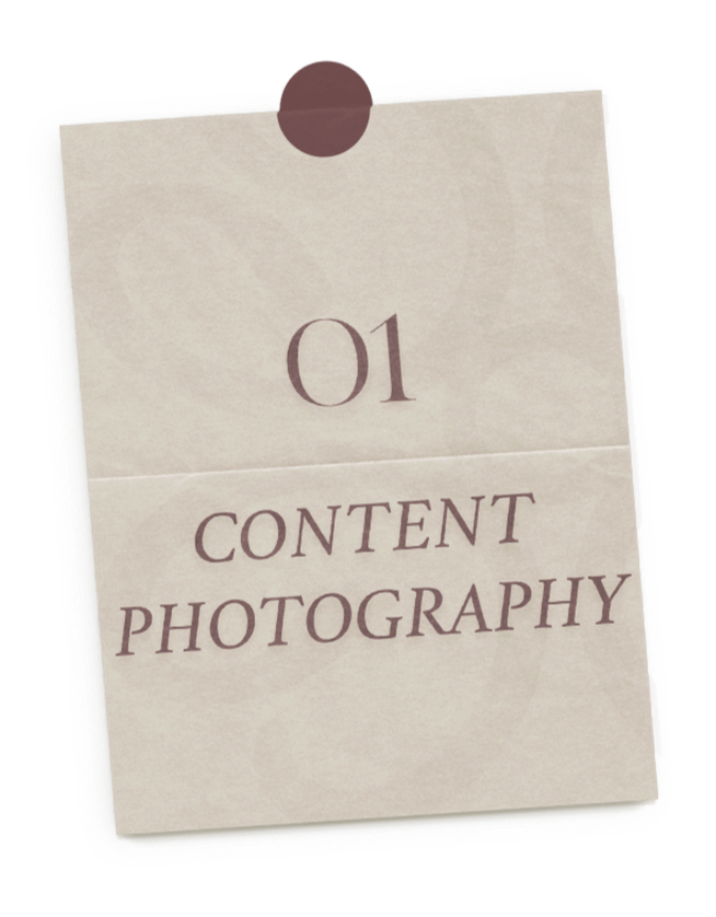A paper note pinned at the top with a brown round magnet, displaying "01 CONTENT PHOTOGRAPHY" in uppercase and lowercase letters.