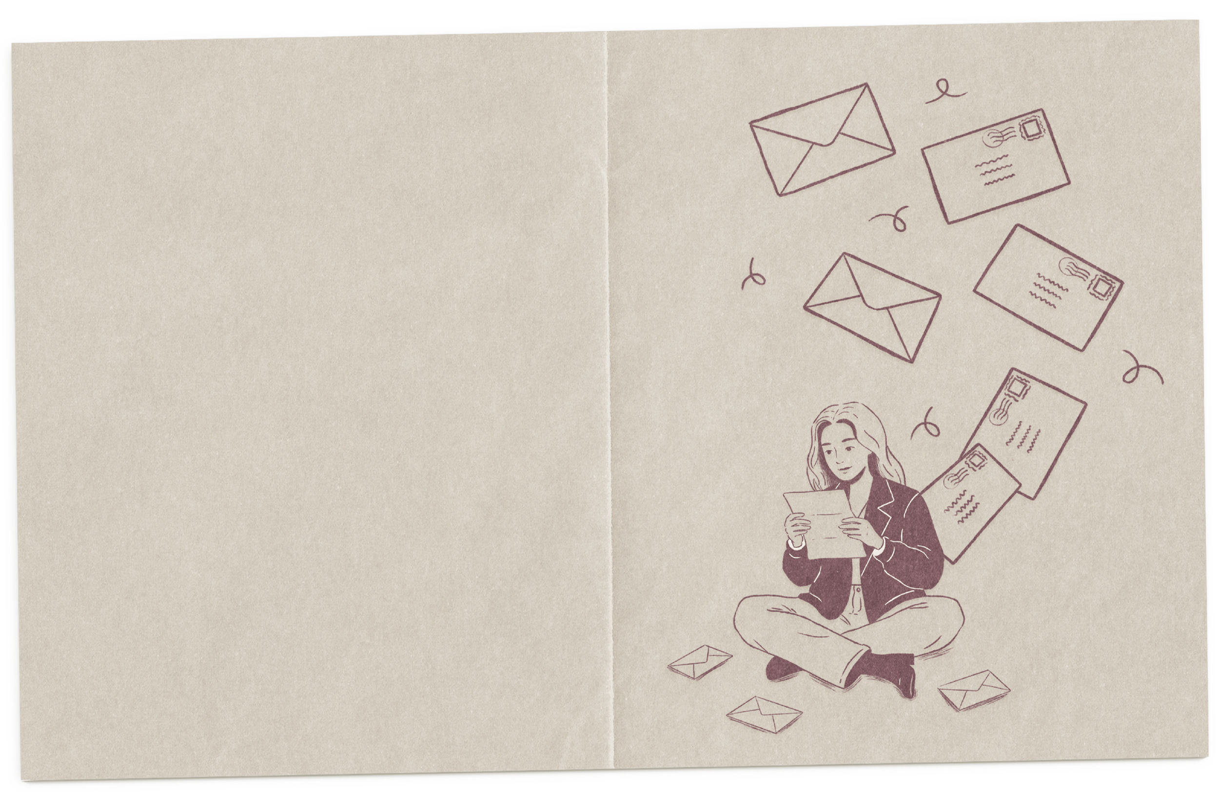 An illustrated woman sitting cross-legged, reading a letter, with various envelopes and letters floating around her.