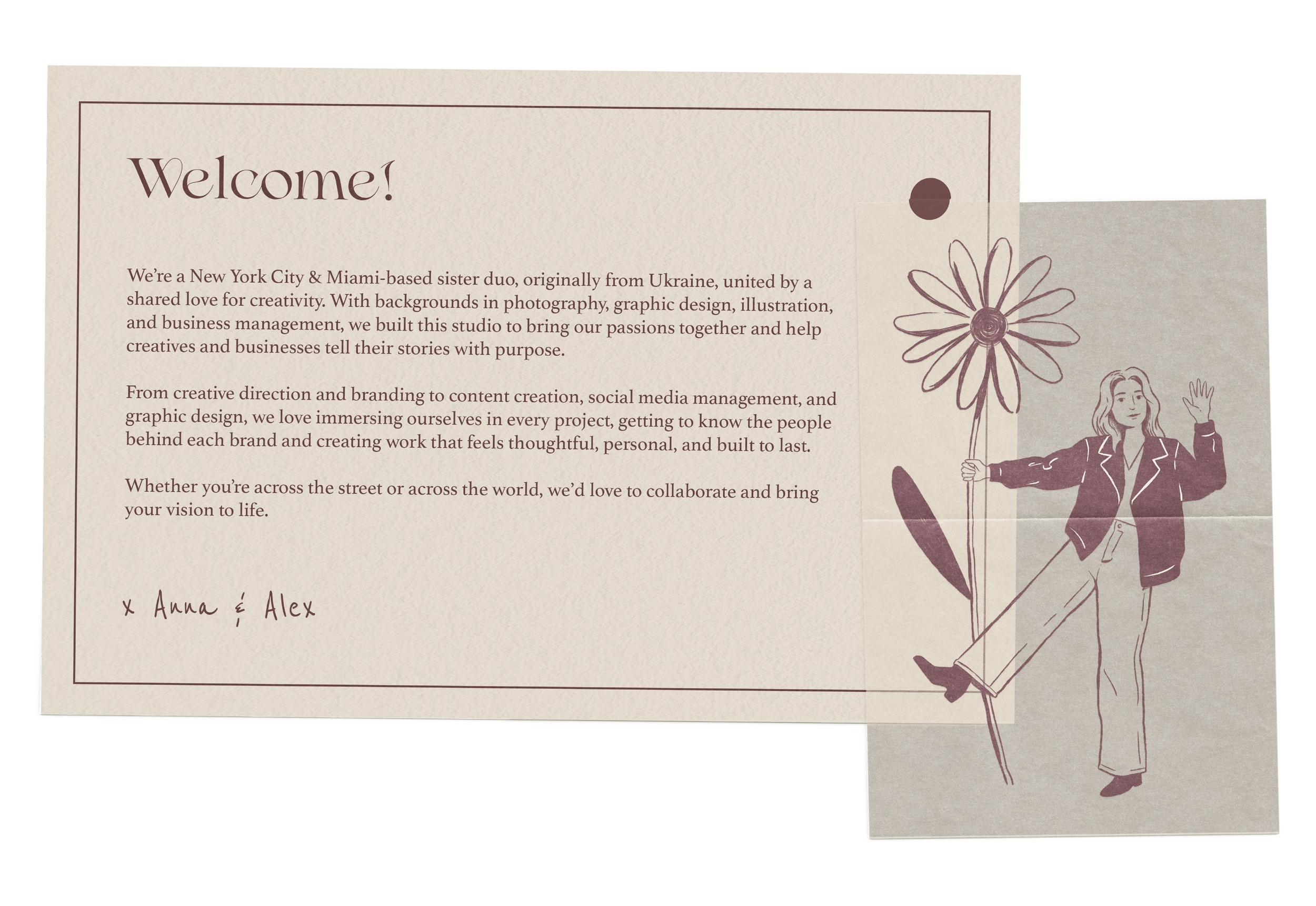 A beige welcome card with brown text and a handwritten note. An illustration of a woman holding a large flower is on the right side of the card.