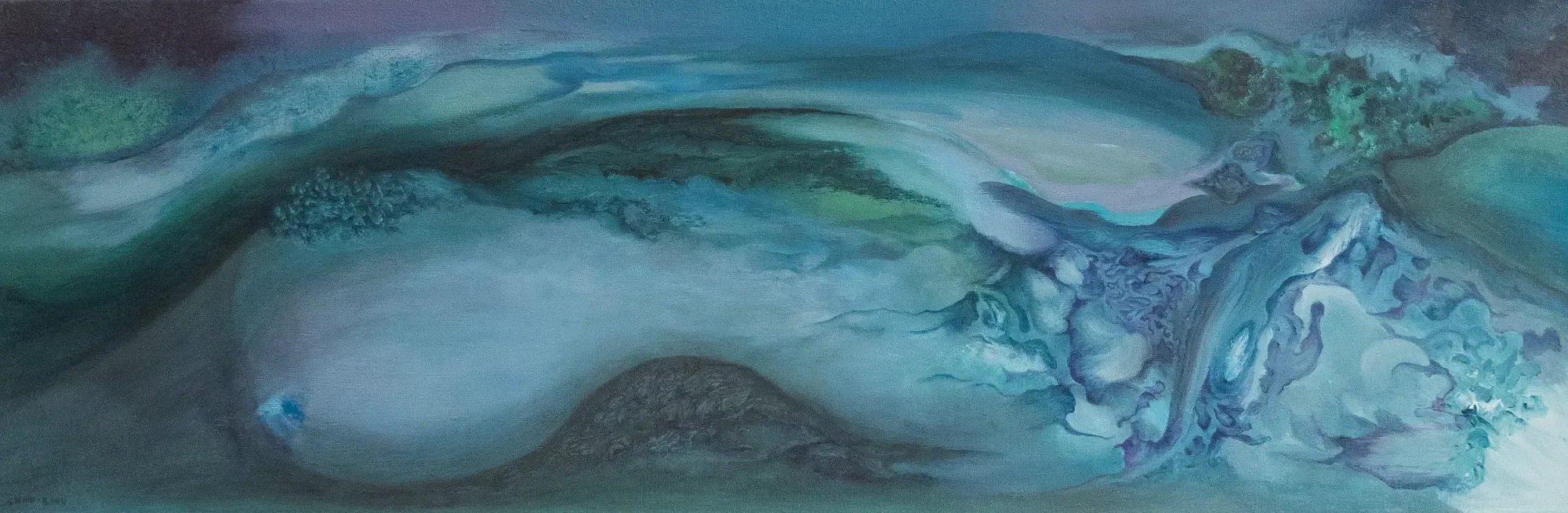 La courbe du monde, Sophie Chau-Banh — huile sur toile, 30 × 90 cm, 2025