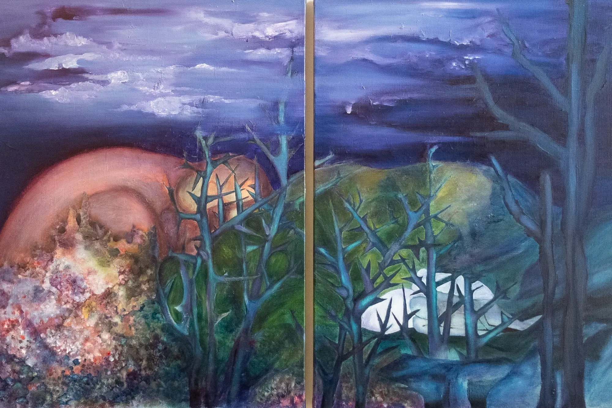 Puisque tu m’aimes, Sophie Chau-Banh — diptyque à l’huile sur toile, vue d’ensemble des deux volets, 2 × (81 × 60 cm), 2026