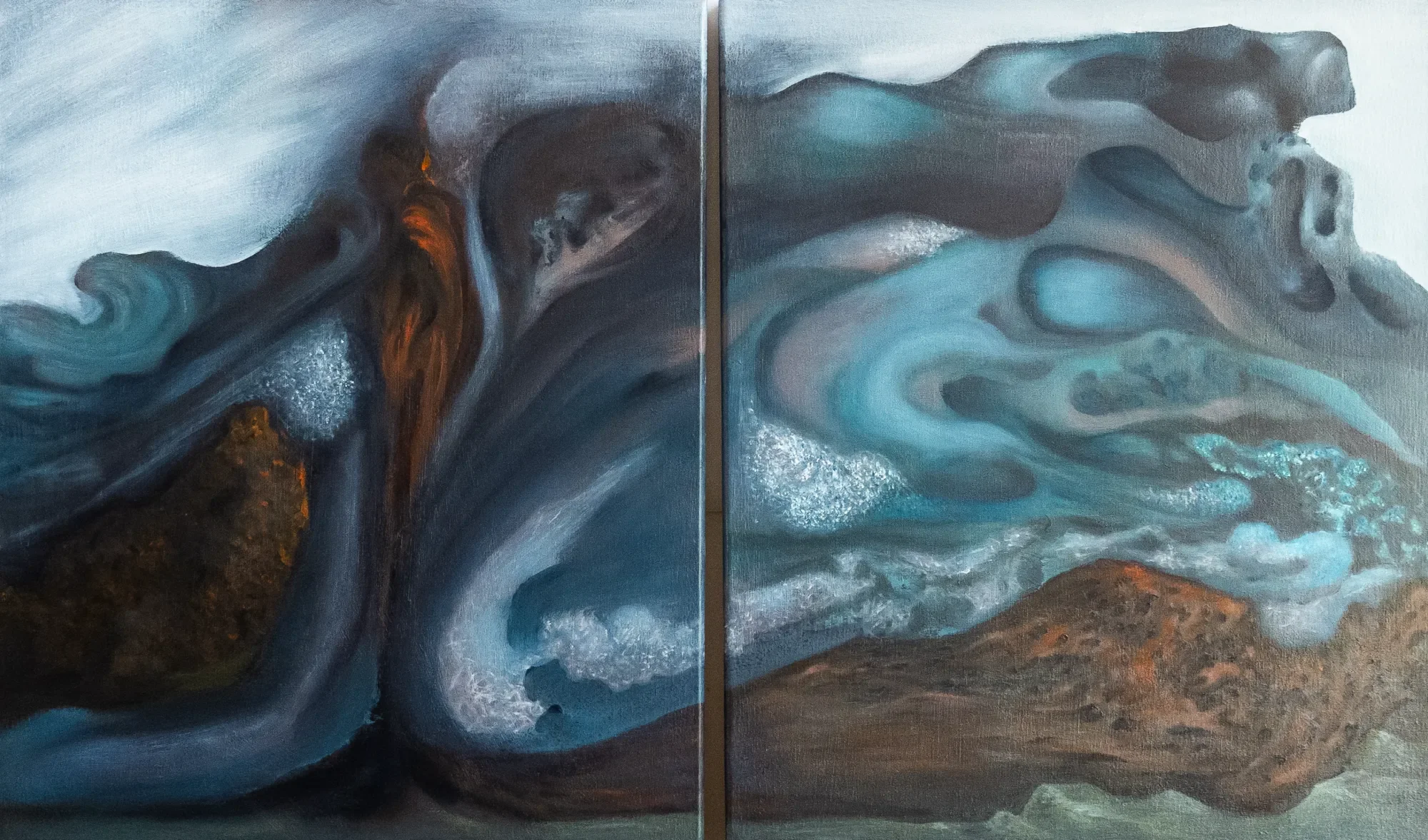 Mélancolie, Sophie Chau-Banh — diptyque à l’huile sur toile, vue d’ensemble des deux volets, 2 × (46 × 38 cm), 2026