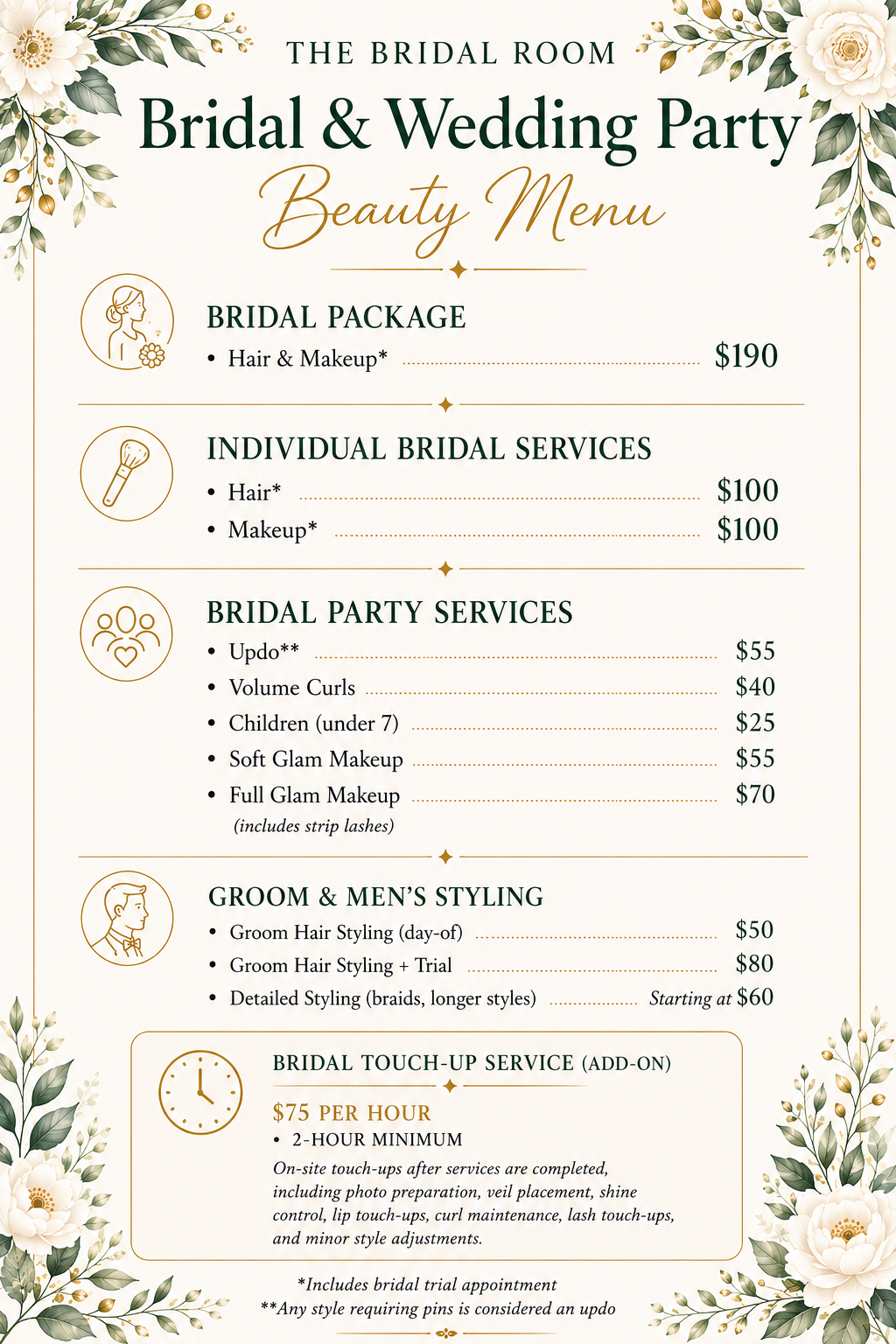 A bridal and wedding party beauty menu featuring packages and services for hair, makeup, updos, volume curls, children, and grooming including grooming styling and touch-up services, decorated with floral and leaf accents.