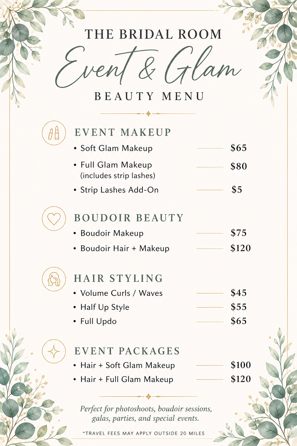 Beauty service menu titled 'The Bridal Room Event & Glam' featuring sections for Event Makeup, Boudoir Beauty, Hair Styling, and Event Packages, with decorative eucalyptus leaves in the corners.