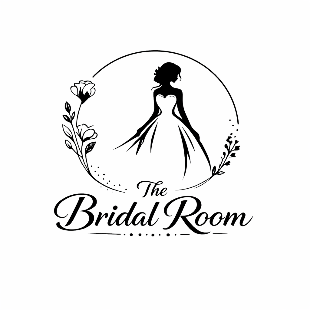 Logo for The Bridal Room featuring a silhouette of a bride in a wedding gown, surrounded by a floral circle.