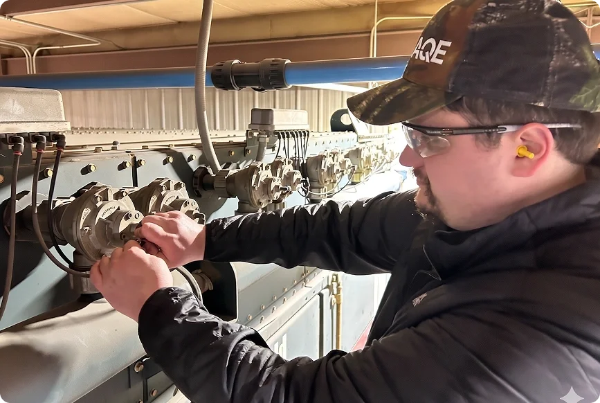 Person wearing safety glasses, a camouflage cap, and ear protection working with industrial equipment, adjusting or inspecting machinery.
