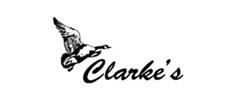 Logo of Clarke's with a flying duck illustration and the text 'Clarke's' in script font.