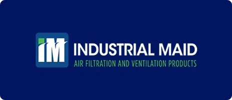 Logo for Industrial Maid with blue background, green and white text indicating air filtration and ventilation products.