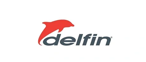 Delfin logo featuring a stylized dolphin and the word 'delfin' in lowercase letters.