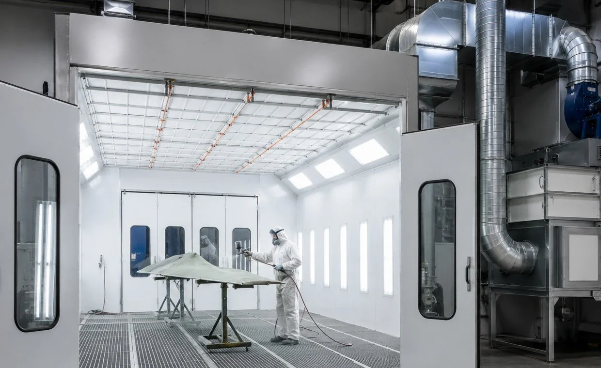 Person in a cleanroom spray painting a large object inside a painting booth.