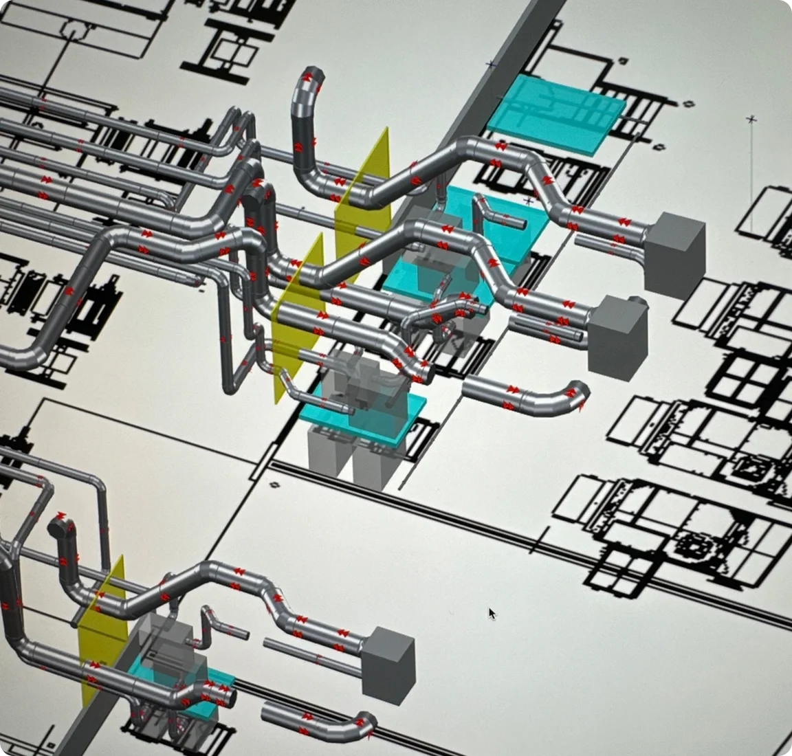 A digital engineering diagram showing a complex system of metallic pipes connected to various blue and gray components, displayed over a technical blueprint background.