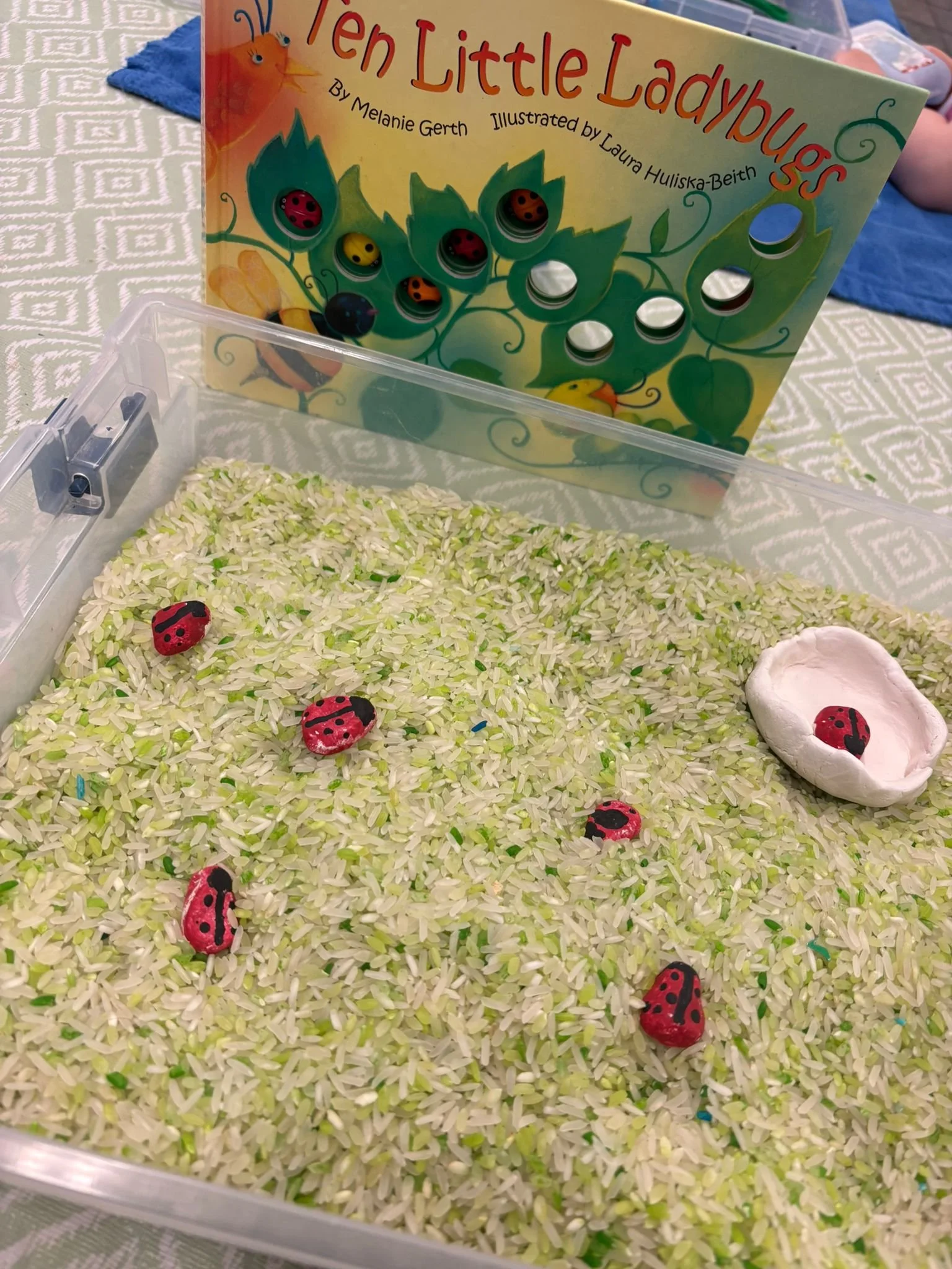 A children's sensory bin containing green rice, toy ladybugs, and an open children's storybook on a tabletop.