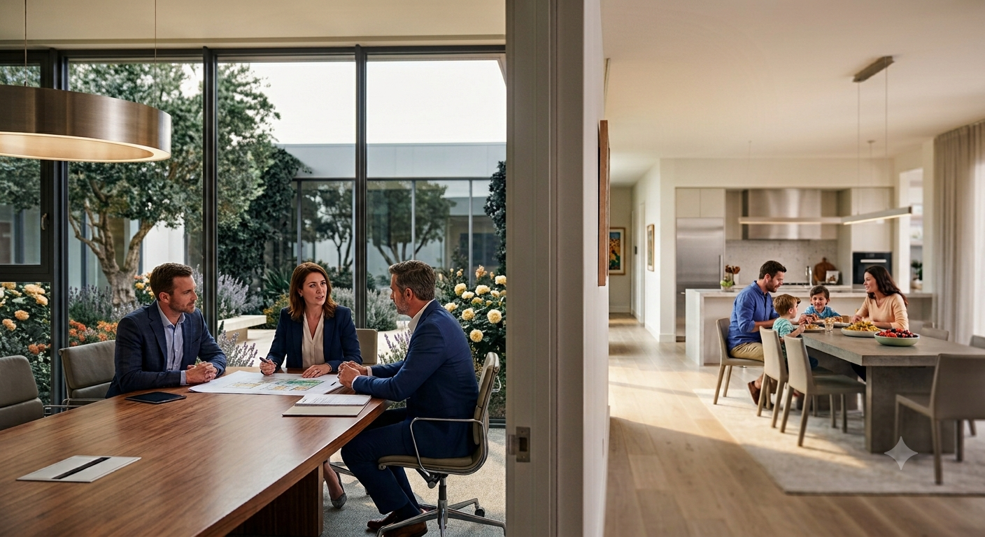 A split view of a home interior, with a business meeting in a formal conference room on the left and a family enjoying a meal in a modern kitchen on the right.