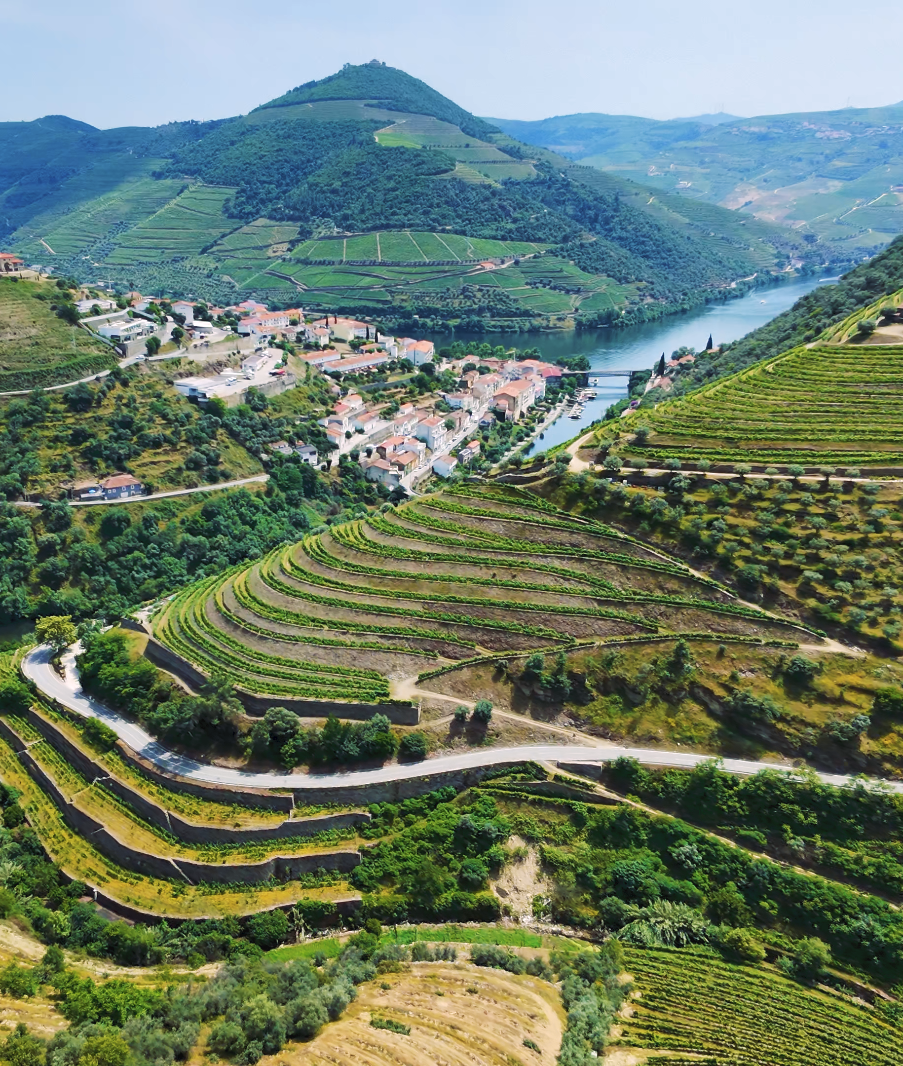 Aerial view of a scenic valley with a river running through lush green hills and terraced vineyards. There are small villages with red-roofed houses and winding roads.