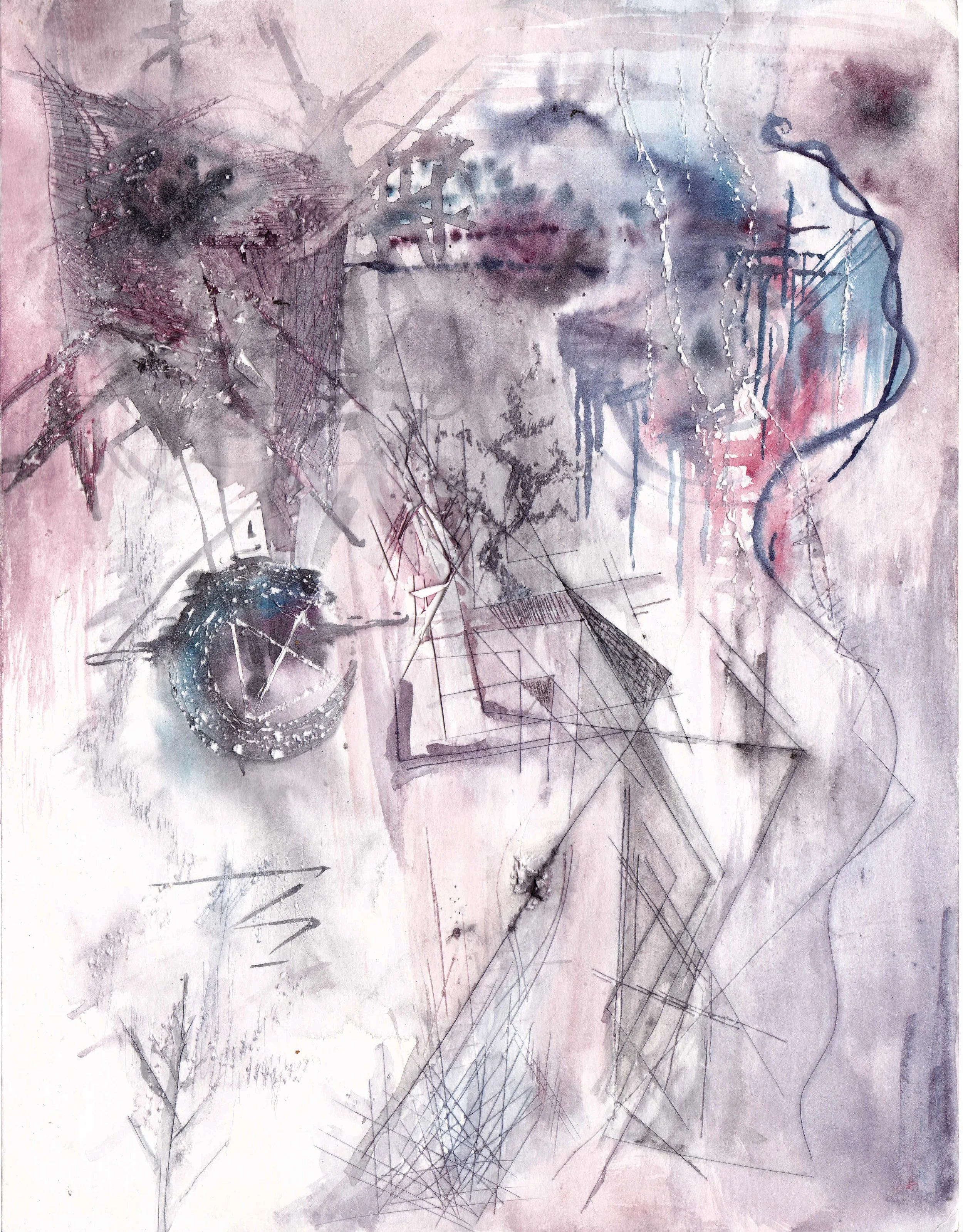 Abstract watercolor artwork with shades of pink, purple, blue, and black, featuring geometric lines, circles, and sketch-like elements.