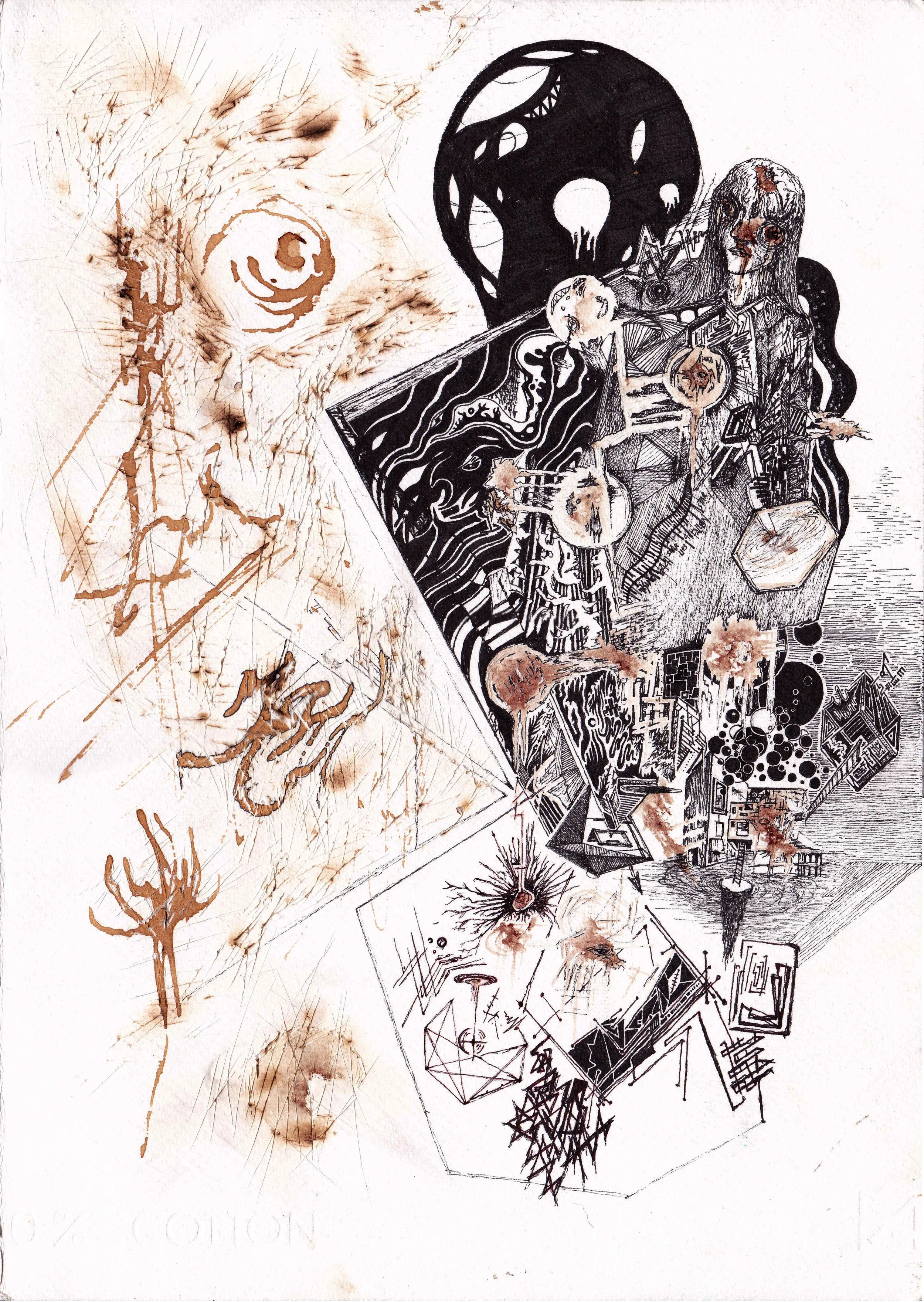 CONJURING /// 

Blood, Coffee, Razorblades, and Black Pigment Liner over 300g Watercolor Paper. ///

(I did not harm myself, it was an accident and I used the blood from my wound)