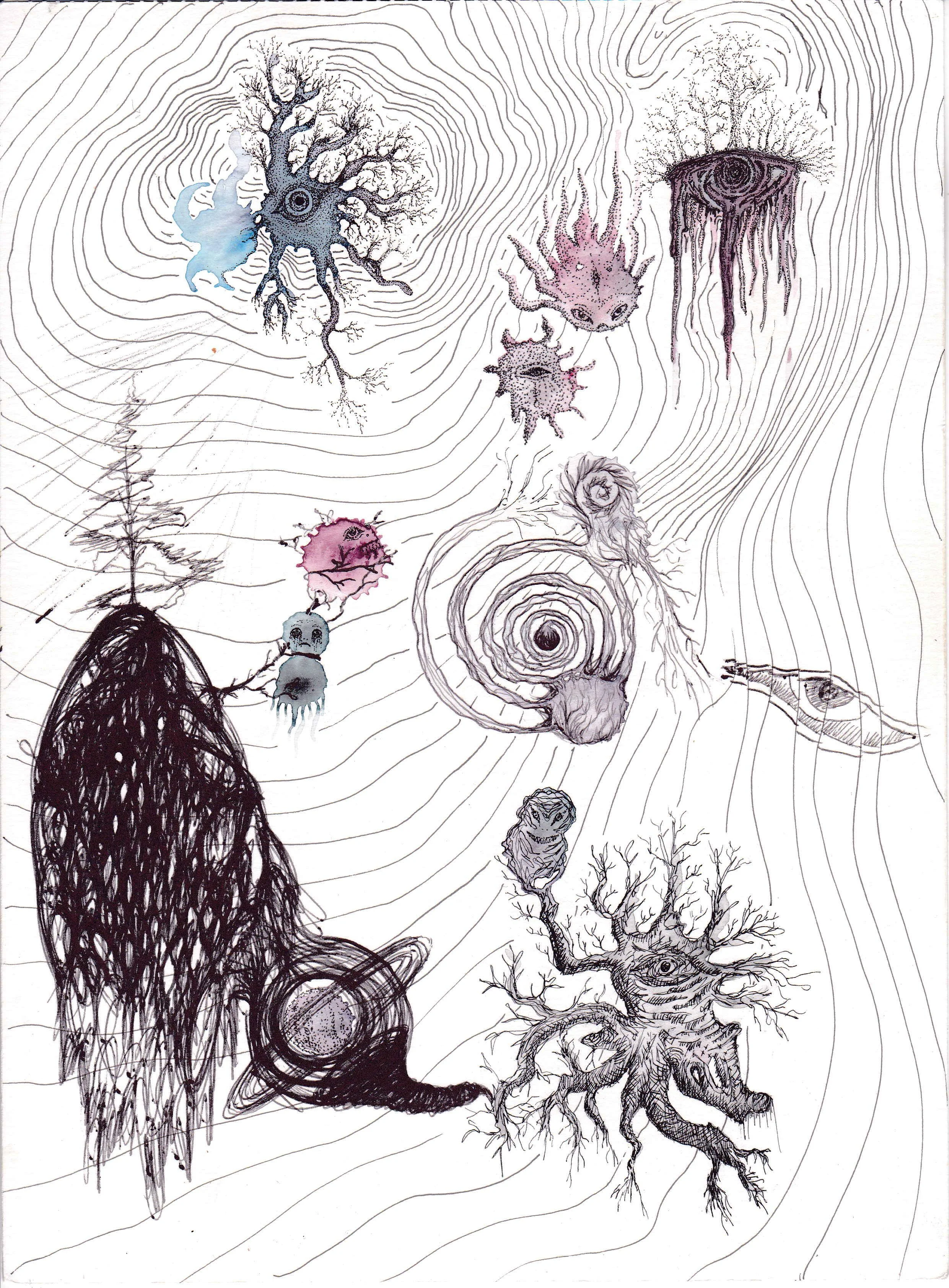 A surreal, abstract illustration featuring various creatures and trees intertwined with swirling and looping line patterns, creating a dreamlike landscape.