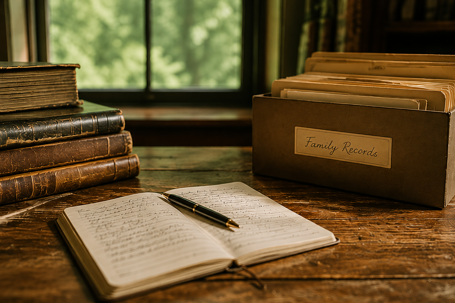 Open notebook with handwritten notes on a wooden desk, black pen resting on it, vintage books on the left, and a black box labeled "Family Records" on the right, with a window showing green trees in the background.