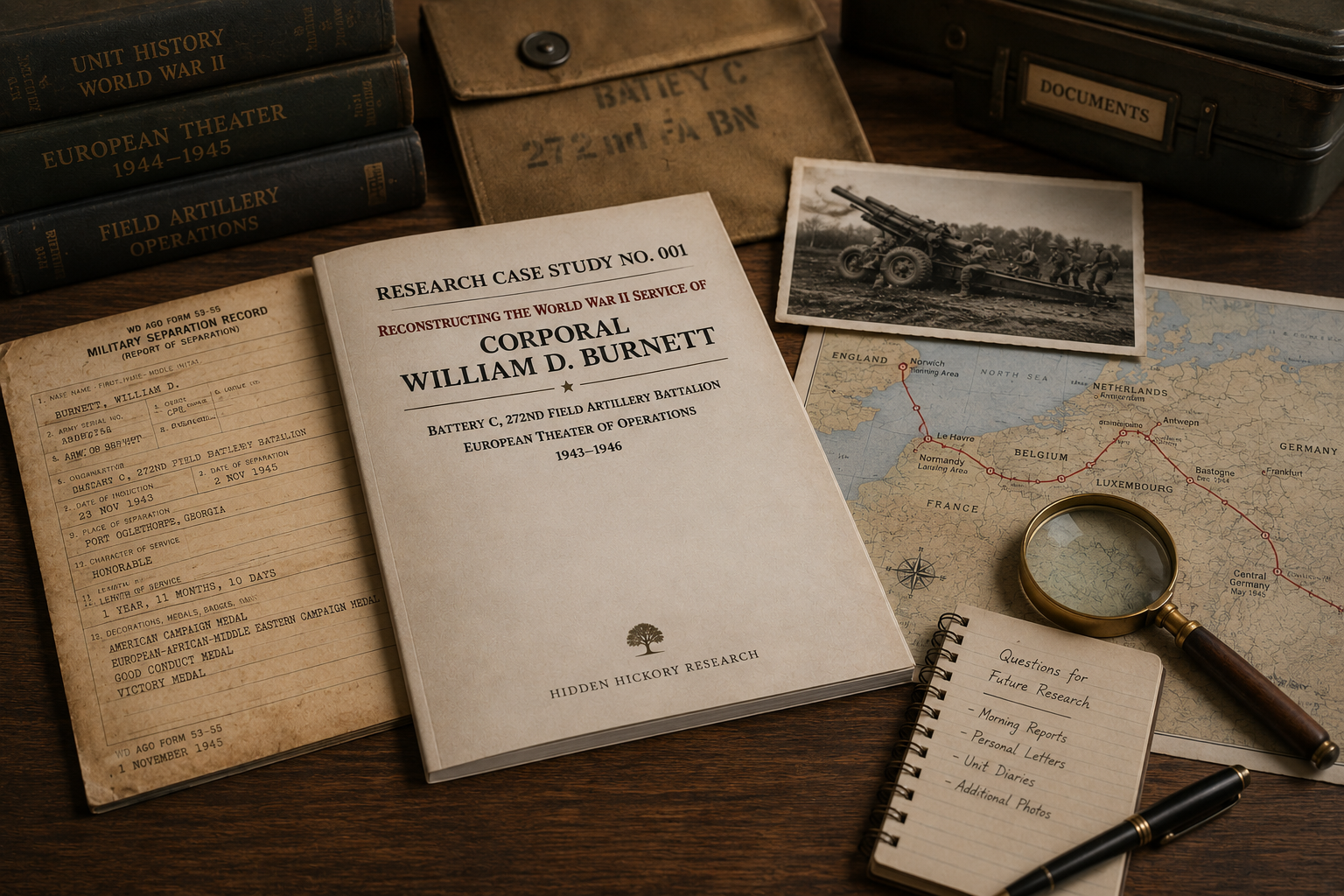Historical research and military documents for World War II, including a folder with research case study on Corporal William D. Burnett, maps, a photograph of soldiers with artillery, and a magnifying glass.