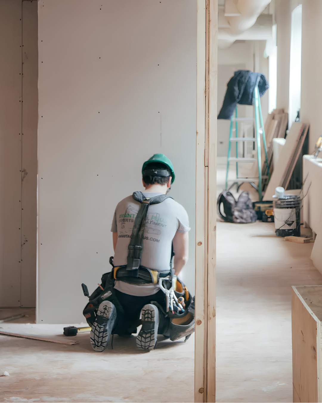 Construction worker kneeling on the floor in an unfinished room, wearing a green helmet and safety harness, with tools attached to his belt, during a building renovation.