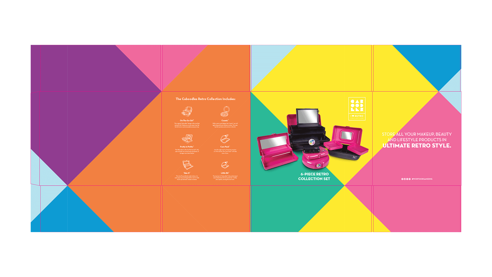 Colorful, geometric background with a central image of pink retro makeup and beauty collection, including a styling case, mirror, and other accessories, with text about the collection and a hashtag in white, pink, yellow, teal, purple, and blue colors.