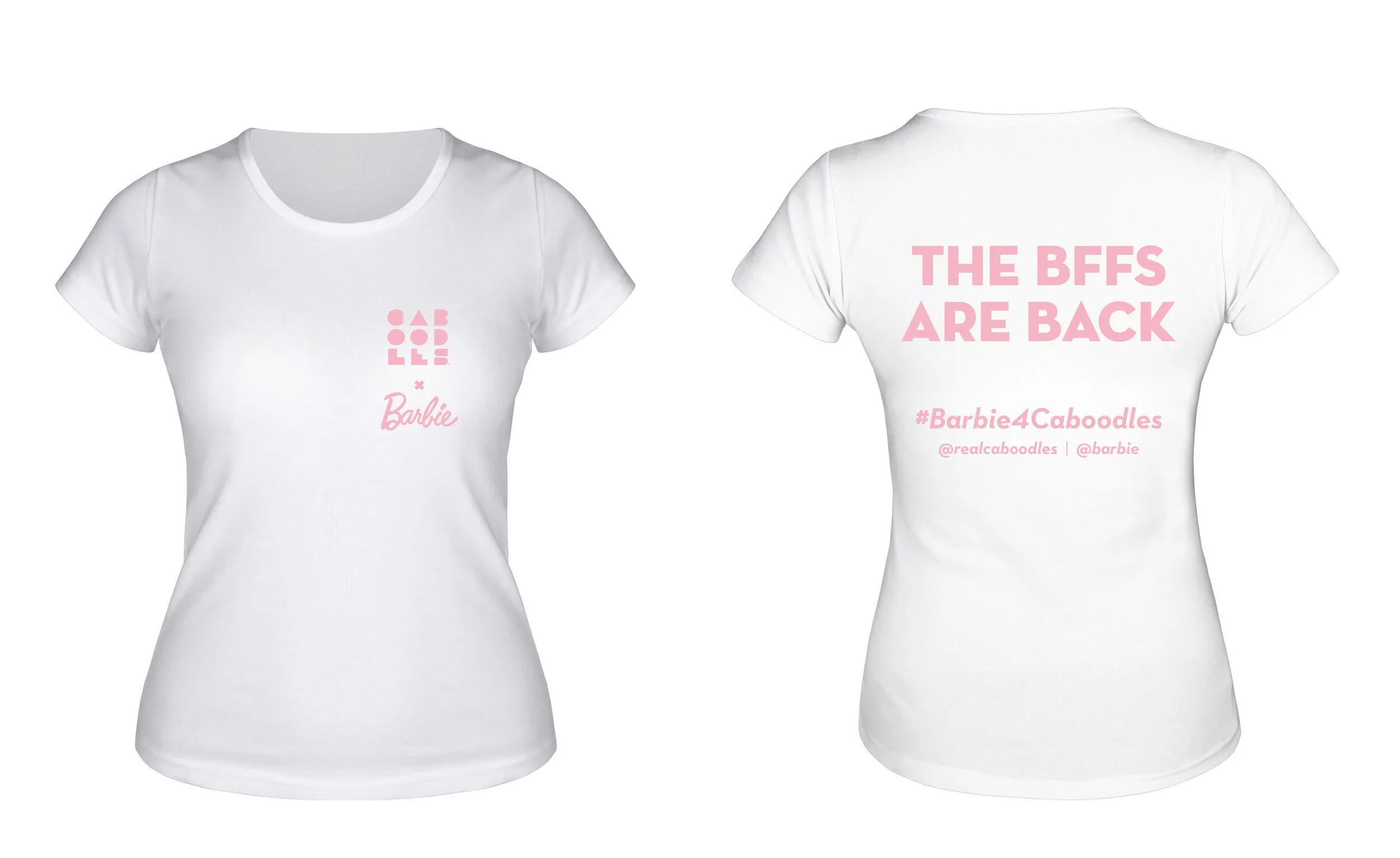White T-shirt with pink text promoting the band the Backstreet Boys and Barbie, with the front displaying the band’s logo and the back saying "The BBS Are Back" along with hashtags and social media handles.