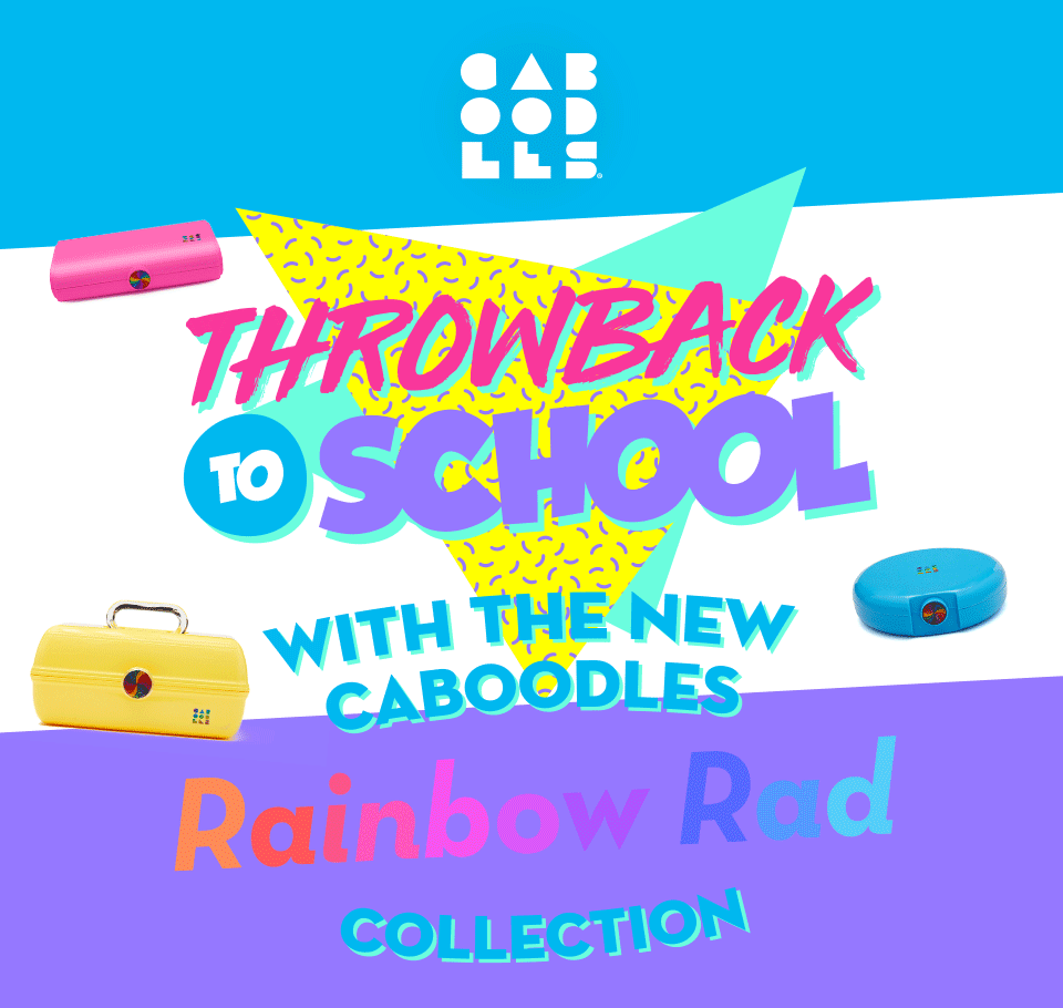 Colorful graphic with text promoting 'Throwback to School with the New Caboodles Rainbow Rad Collection' and featuring two colorful pencil cases and two gel pens.