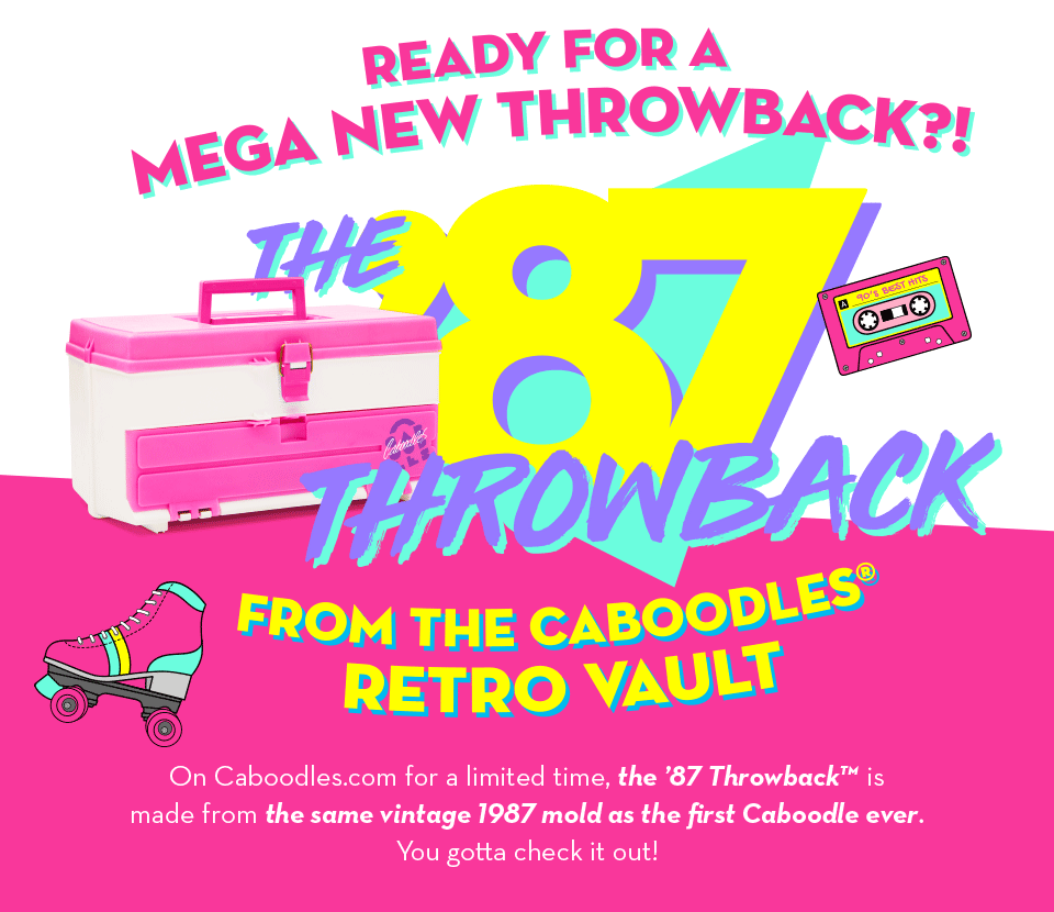 Colorful retro-themed promotional graphic for the '87 Throwback from the Caboodles Retro Vault, featuring a pink and white vintage makeup kit, a pink cassette tape labeled '90s Best Hits,' a roller skate, and large bold text celebrating 1987 mold vintage.