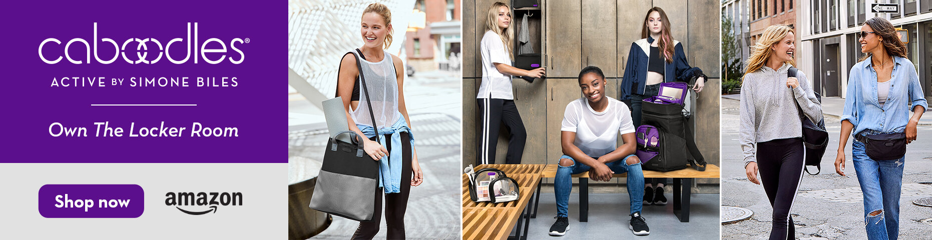 Advertisement for cablettes active by Simone Biles featuring young women with backpacks and gym bags in urban settings.