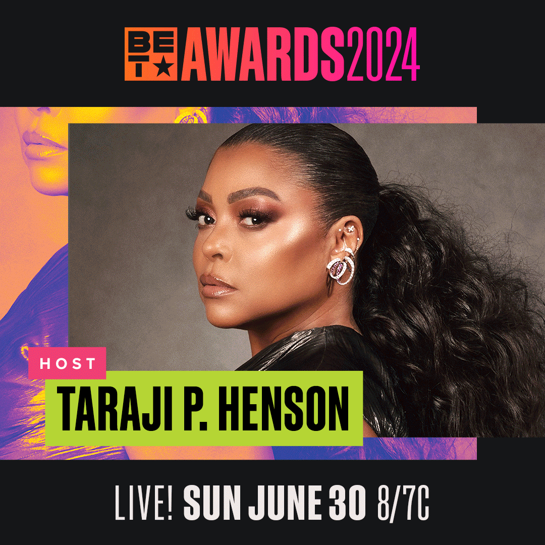 Promotional graphic for BET Awards 2024 featuring host Taraji P. Henson, with event details for June 30, 8/7c, and colorful background elements including vibrant gradients and abstract shapes.