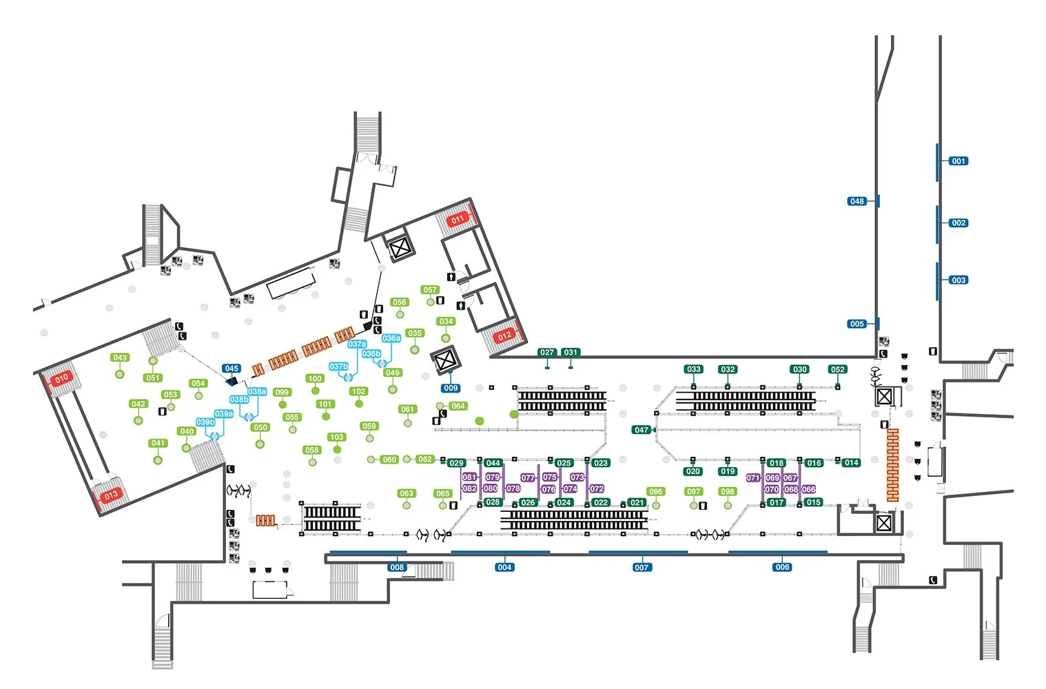 A detailed map of a train station layout showing platforms, tracks, stairs, escalators, waiting areas, and numbered markers for various sections.