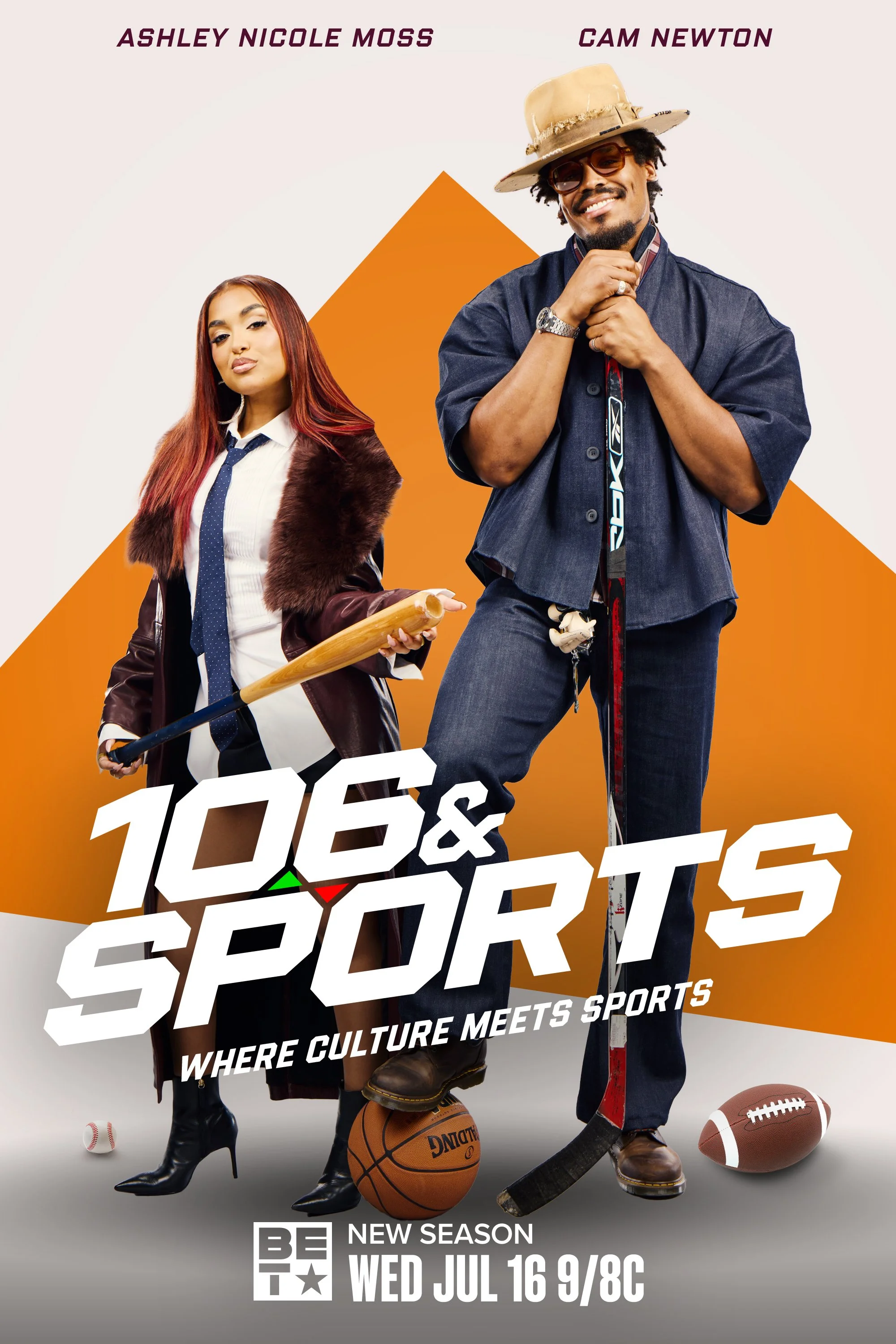 Promotional poster for a TV sports show featuring Ashley Nicole Moss and Cam Newton. The woman on the left wears a white blouse, a dark tie, a fur-trimmed leather jacket, and high heels, holding a baseball bat. The man on the right wears a hat, sunglasses, a denim shirt, and holds a hockey stick, with a football and basketball at his feet. The background has an orange and white geometric design, with bold text indicating the show's title and air date: Wednesday, July 16 at 9/8c.