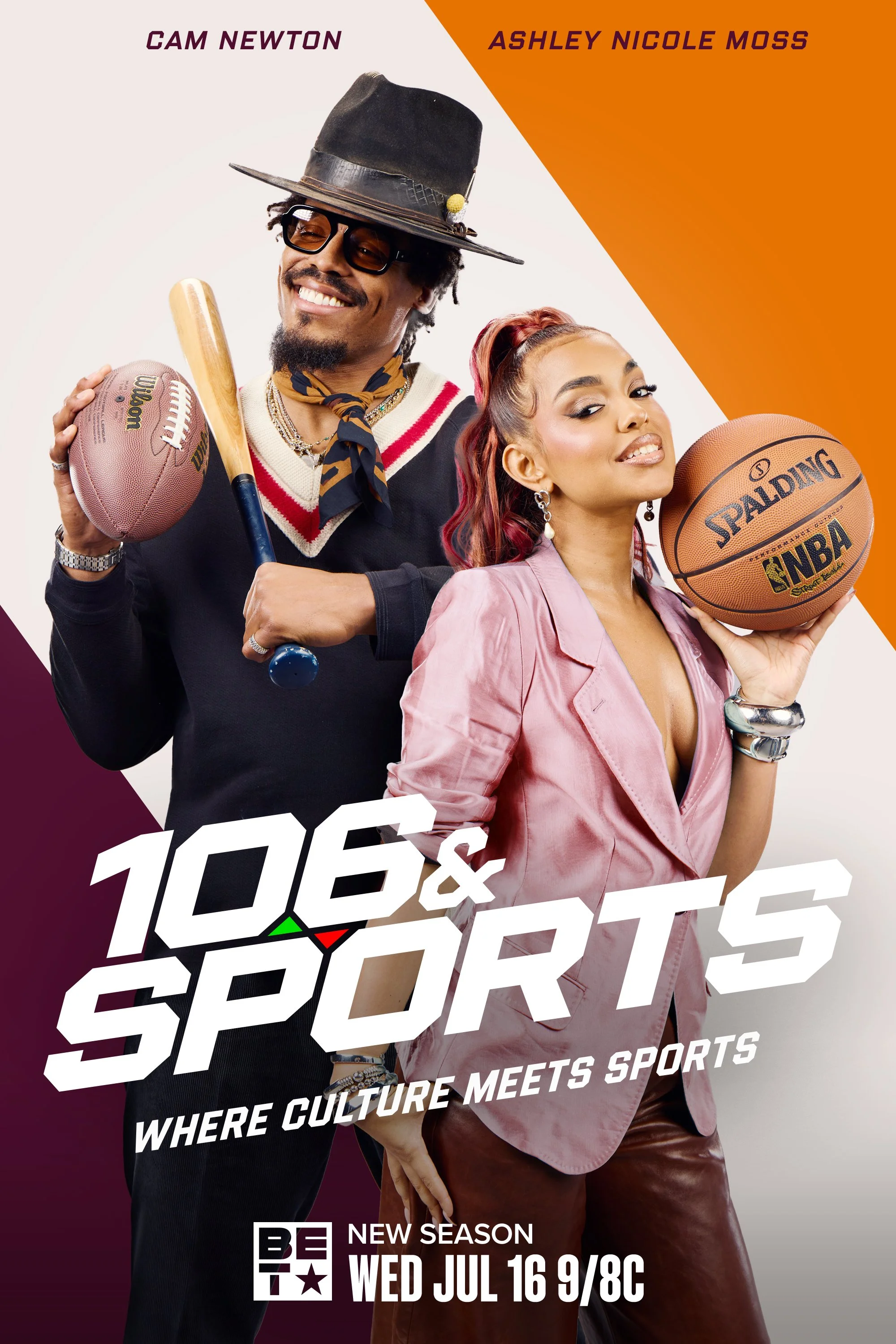 Promotional poster for a TV show featuring two hosts: a man with glasses, a fedora, a baseball bat, and a football, and a woman with red hair, earrings, a pink blazer, and a basketball. The show is titled '106 & Park' with a tagline 'Where Culture Meets Sports' and indicates a new season premiering on July 16 at 9/8c on BET.