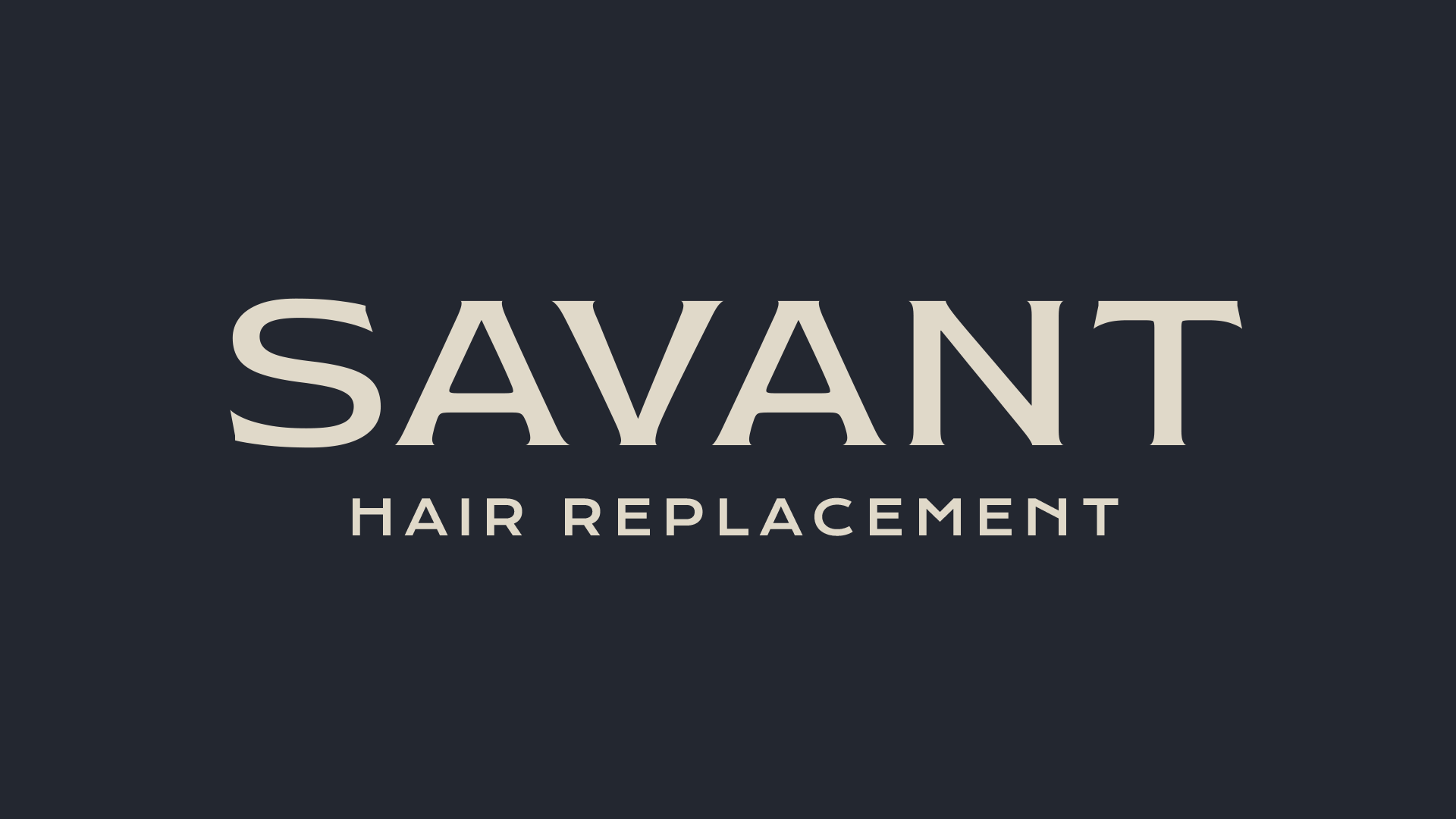 Logo for Savant Hair Replacement with black background, white text reading 'SAVANT' and smaller text below saying 'HAIR REPLACEMENT'. Swirling graphic above the brand name.