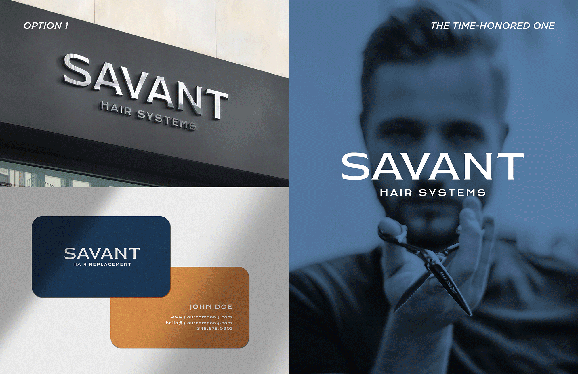 A collage of images representing the Savant Hair Systems brand. The left side shows a sign with the company name "Savant Hair Systems" on a black background, and a logo variation with a dark blue square, white text, and a person's face with slicked-back hair and a chain, holding a tool, on the right side.