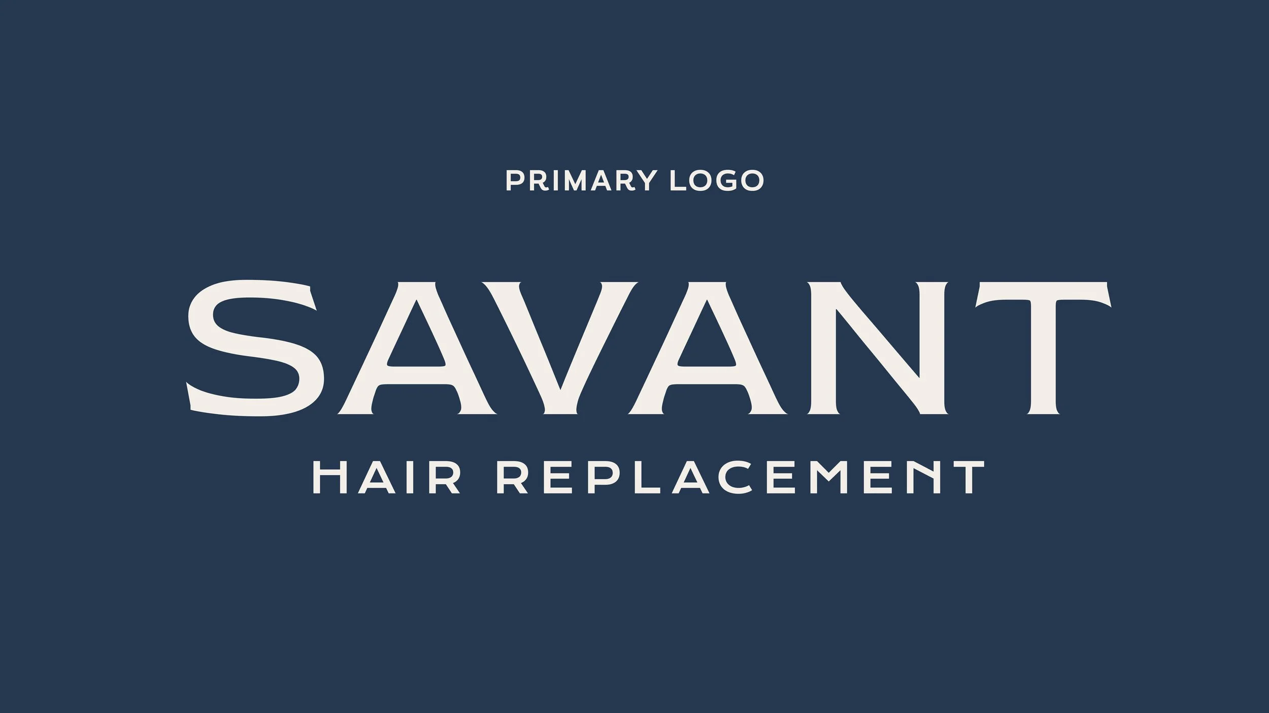 Logo for Savant Hair Replacement with navy background and white text.