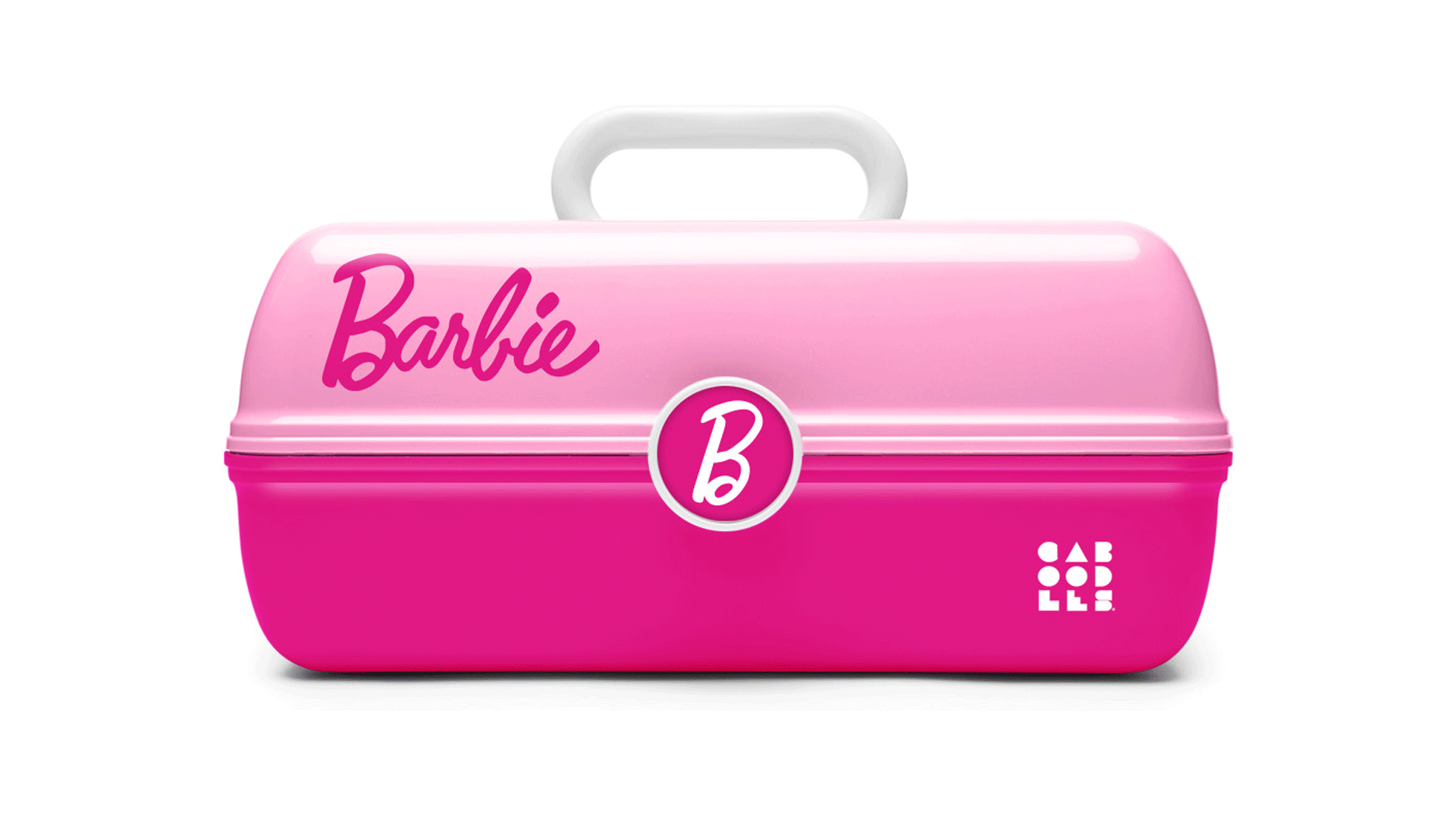 Pink and purple toy lunchbox with Barbie logo, handle on top, and Funko branding on the side.