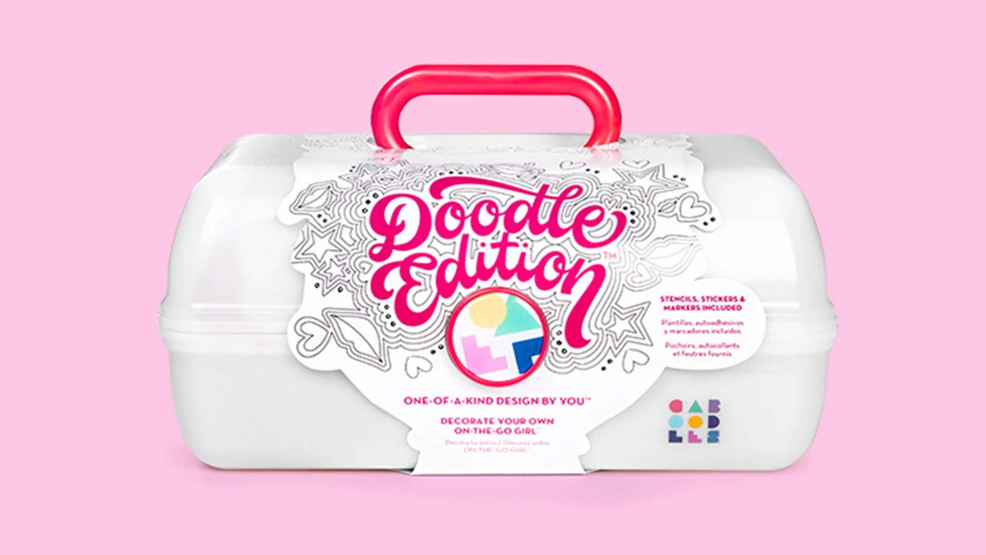 A white plastic container with a pink handle, labeled 'Doodle Edition,' featuring black and white doodle designs, colorful logo, and pink text on a pink background.