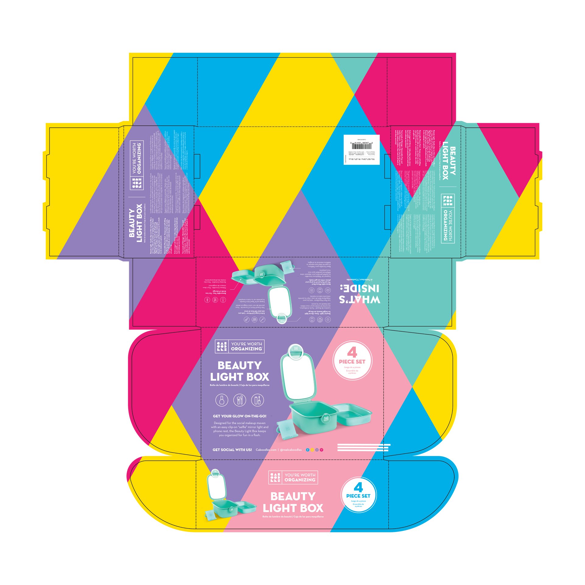 Colorful packaging box for a beauty light, with instructions, product images, and branding on the box, designed for personal grooming and makeup application.