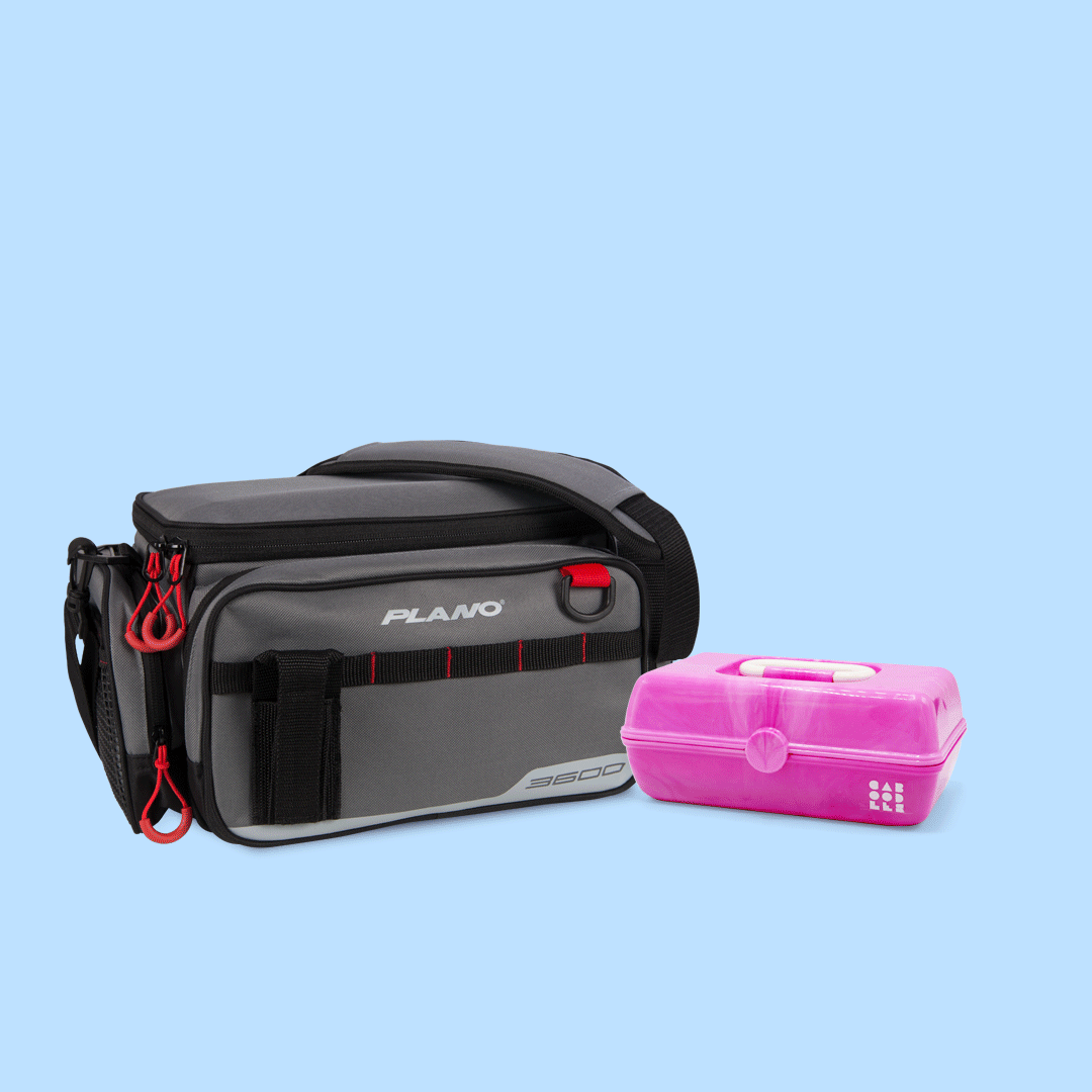 Travel toiletry bag and pink container on a light blue background.