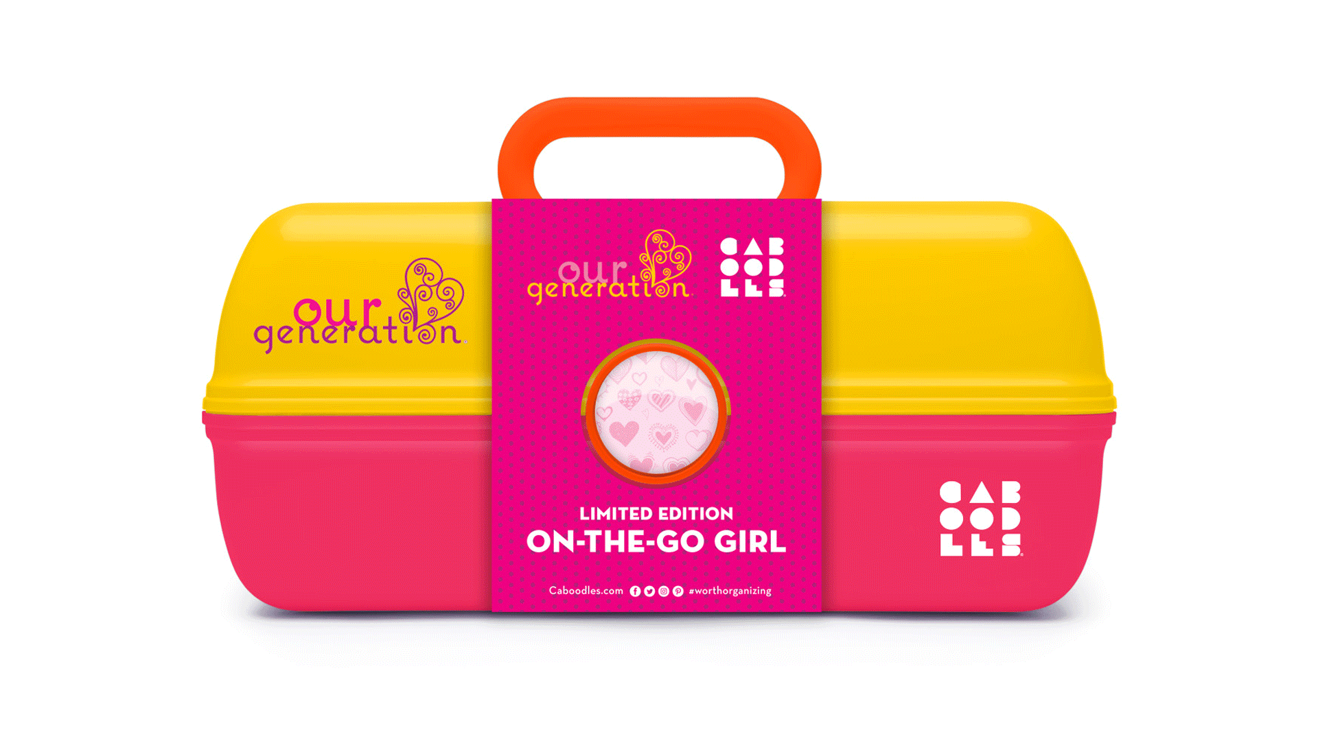 Colorful plastic lunchbox with yellow lid, pink base, and pink label reading "our generation limited edition on-the-go girl" containing a pink band with hearts.