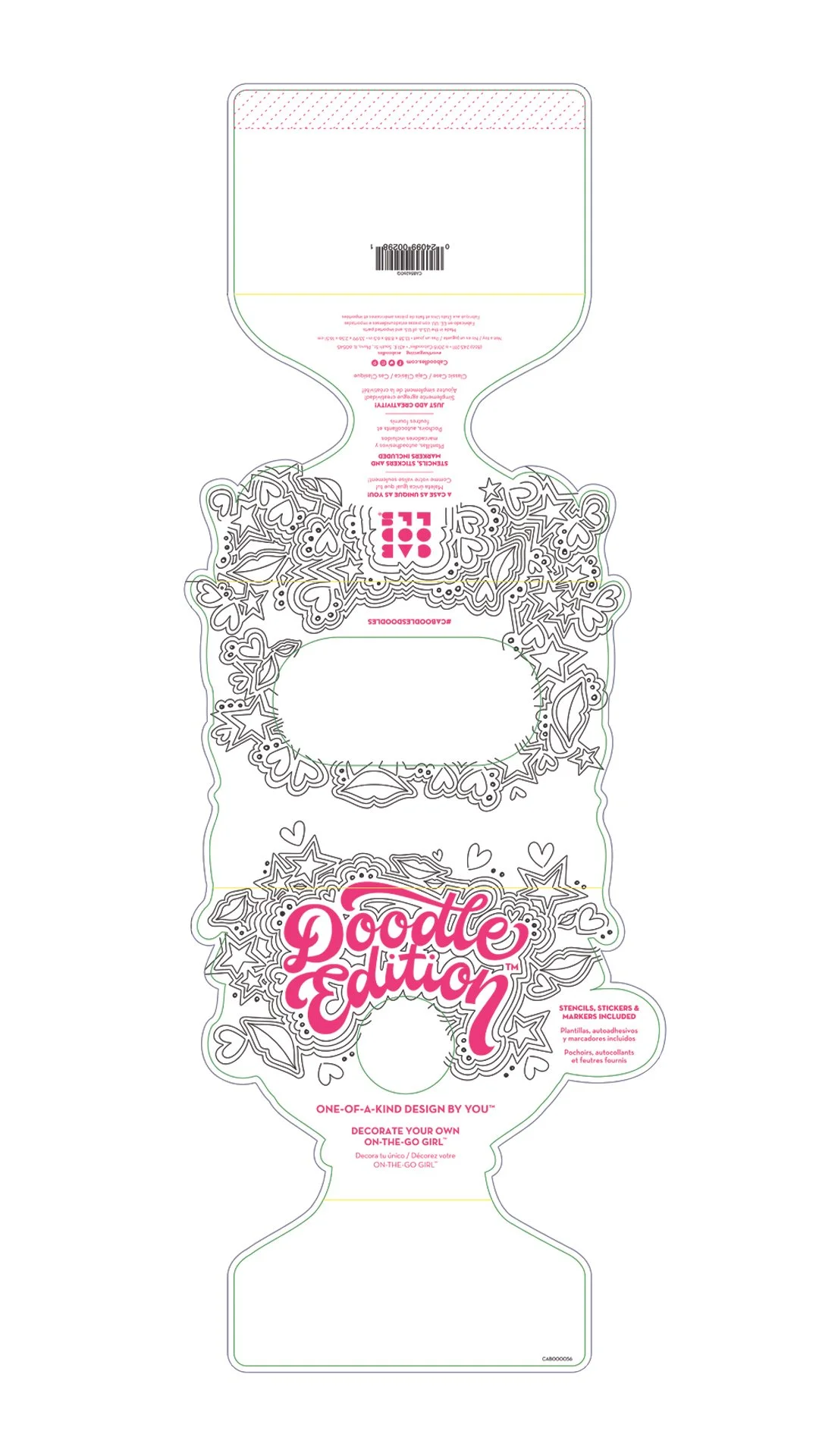 Coloring template for a girl with decorative stars and hearts, featuring the text 'Doodle Edition' in pink and instructions for personal decoration.